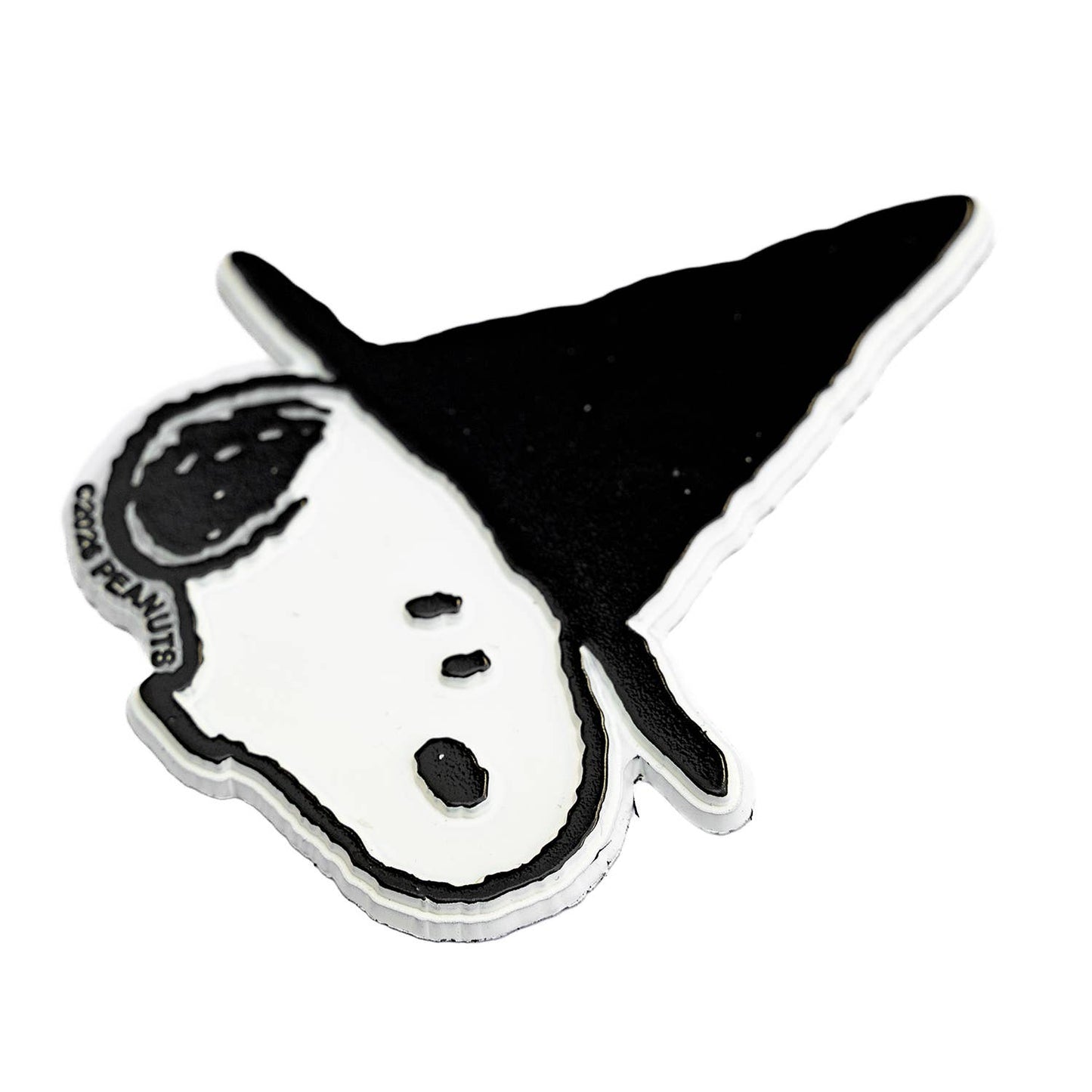 A Snoopy witch hat magnet featuring a black and white design with the 'PEANUTS' text on the side, shown on a plain white background.