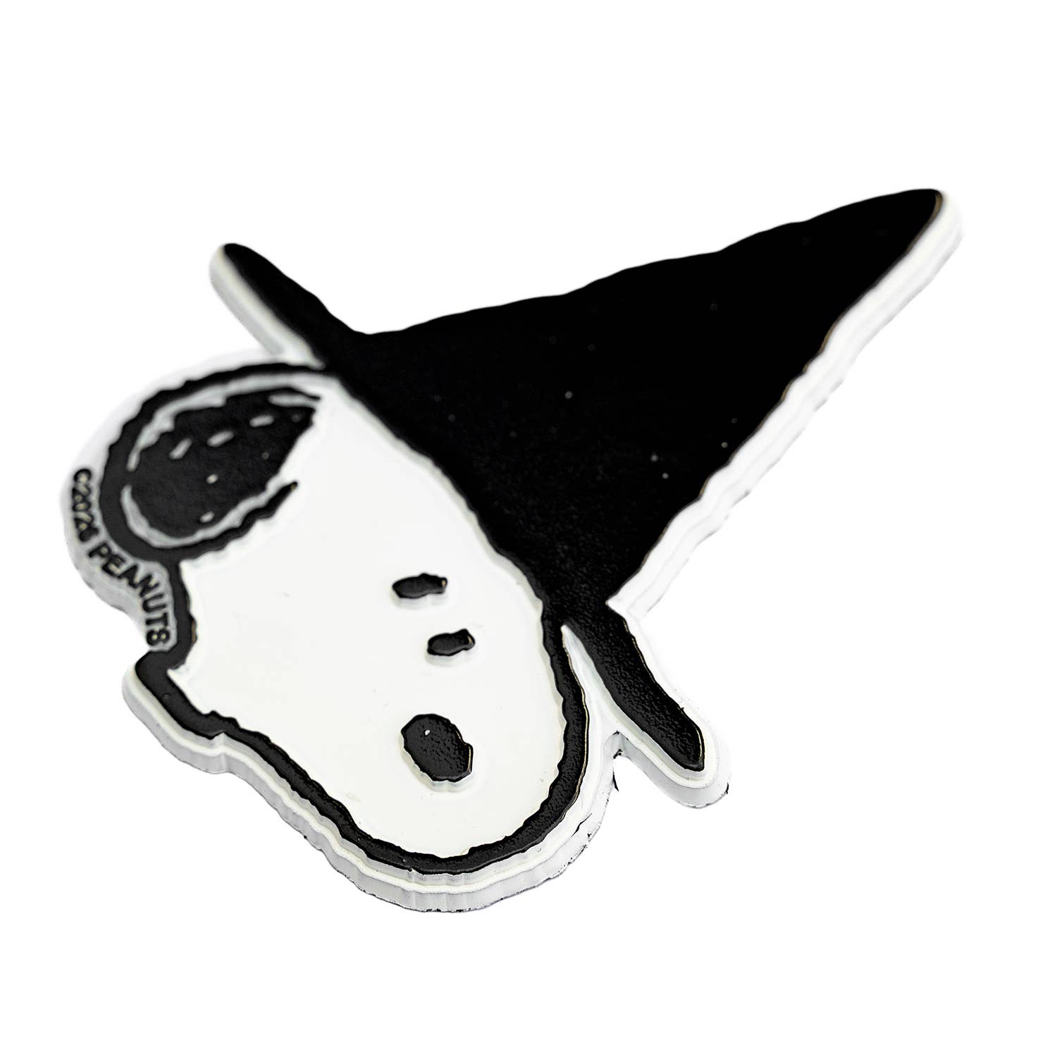 A Snoopy witch hat magnet featuring a black and white design with the 'PEANUTS' text on the side, shown on a plain white background.