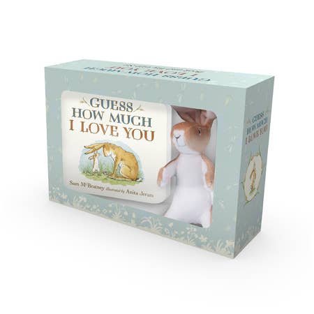 Book and plush toy set with 'Guess How Much I Love You' book on a white background