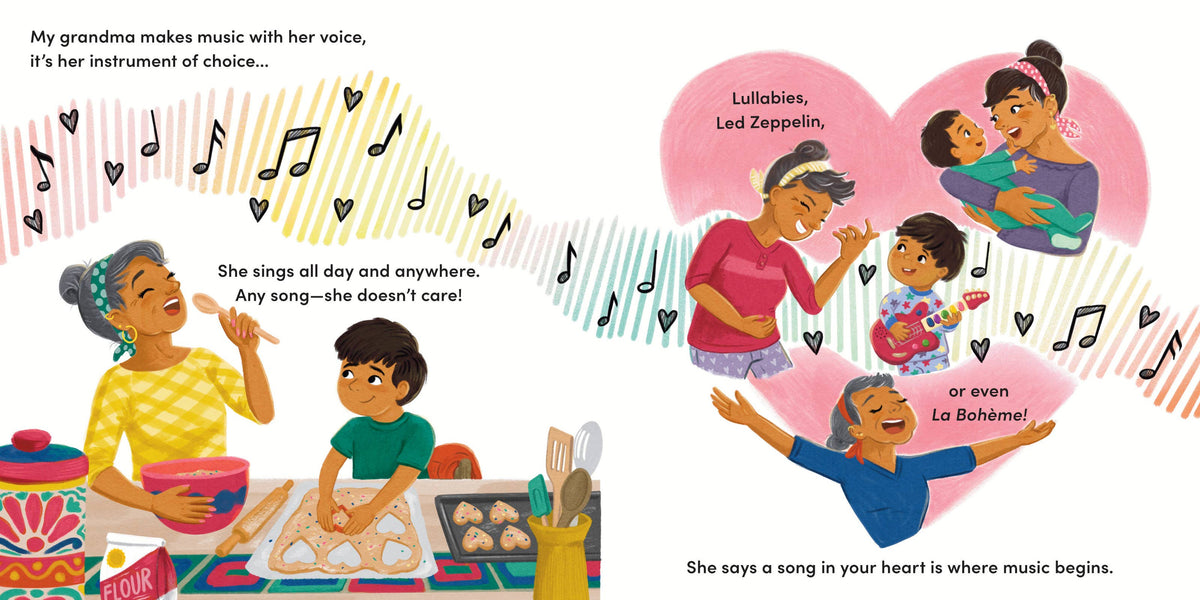 Illustration of a grandmother singing to her grandchildren with musical notes and instruments.