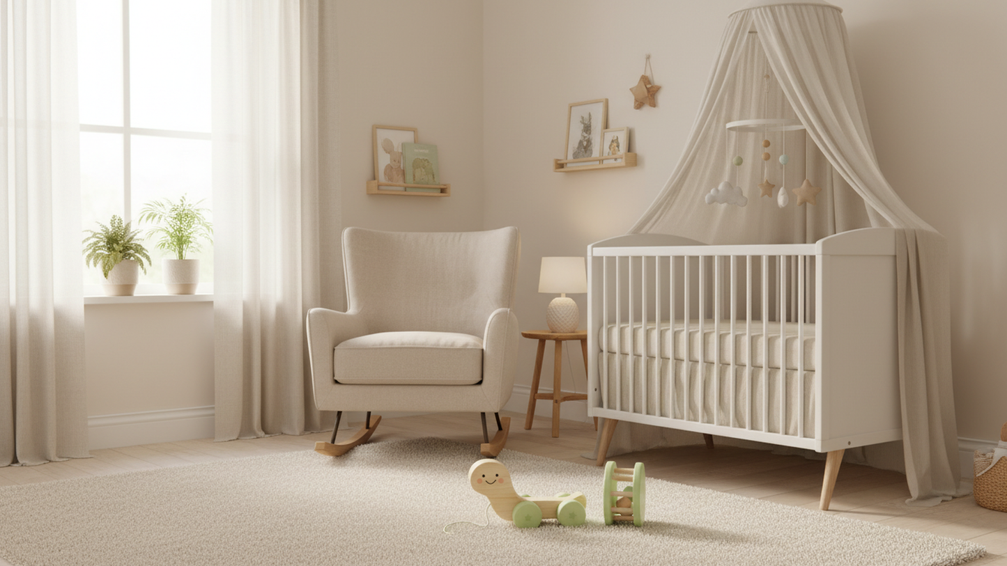 Nursery room with a crib, rocking chair, and toys in a well-lit room.