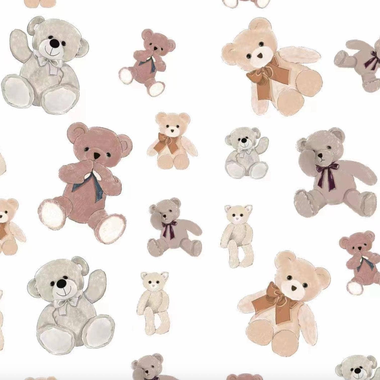 Pattern of teddy bears with different colors and accessories on a white background