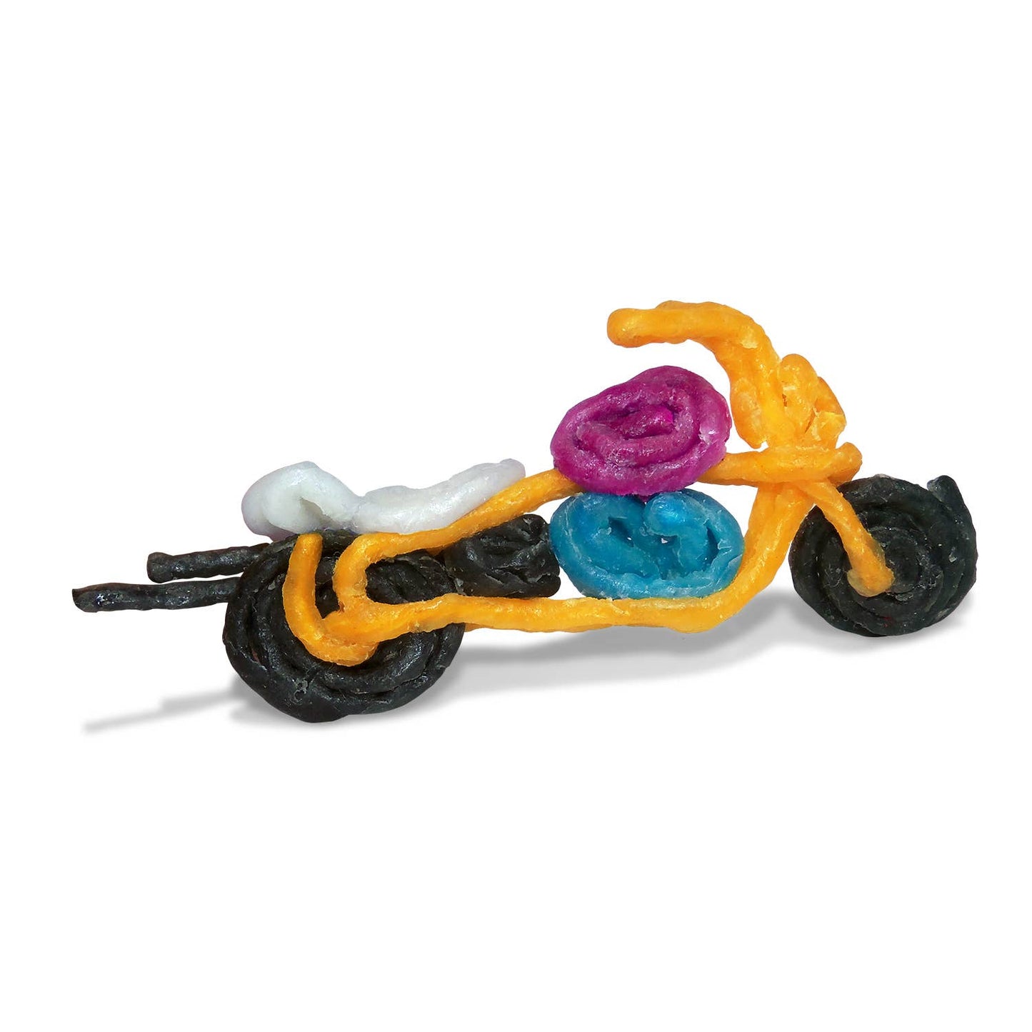 Colorful toy motorcycle made of wxaed yarn on a white background