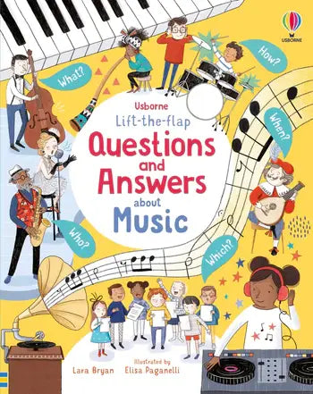 Book cover of 'Questions and Answers about Music' with colorful illustrations of children and musical instruments.
