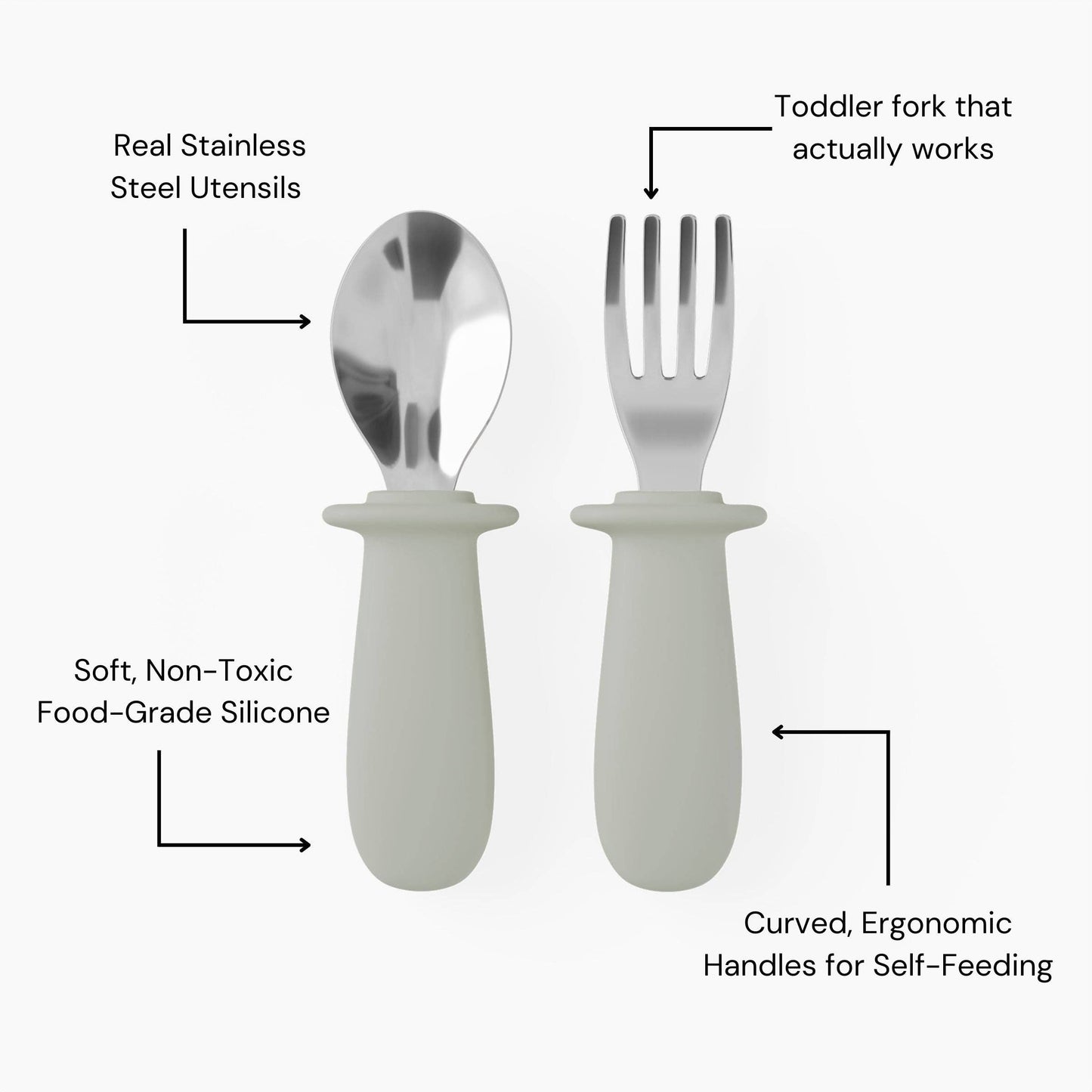 Set of toddler fork and spoon with labeled features on a white background