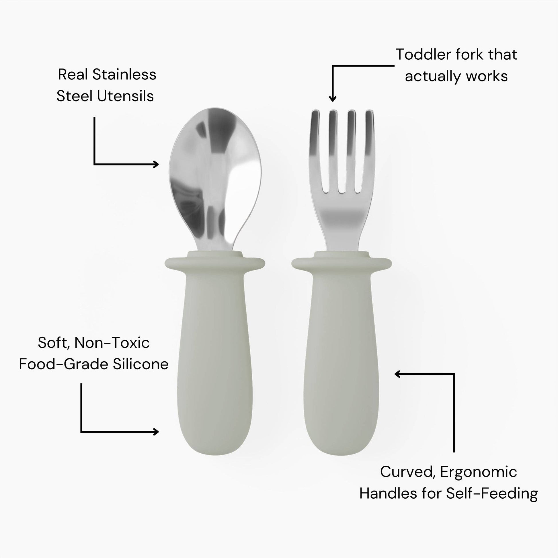 Set of toddler fork and spoon with labeled features on a white background