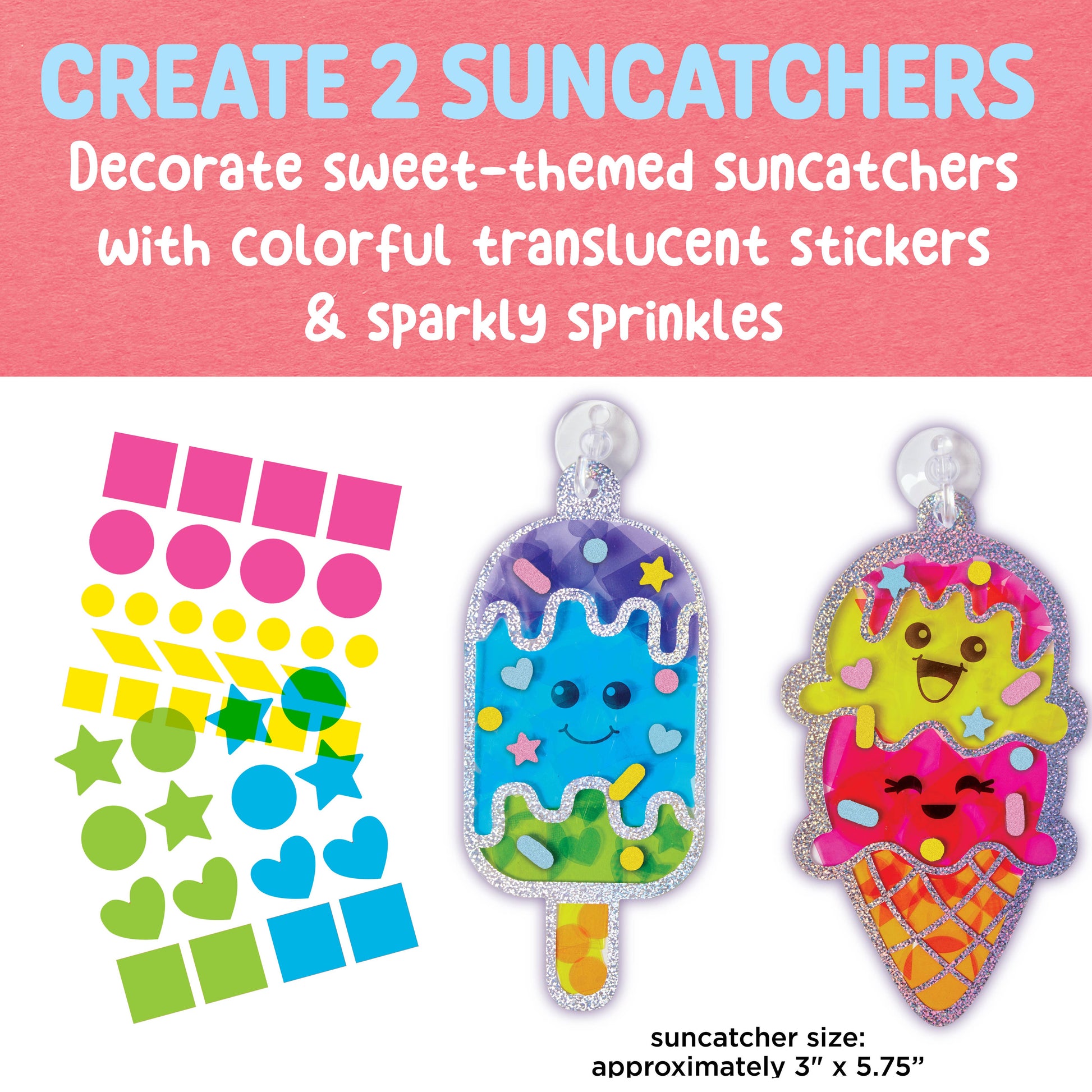 Colorful suncatchers with stickers and sprinkles on a pink background
