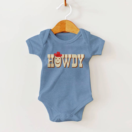 Blue baby onesie with 'HOWDY' print on a hanger against a white background