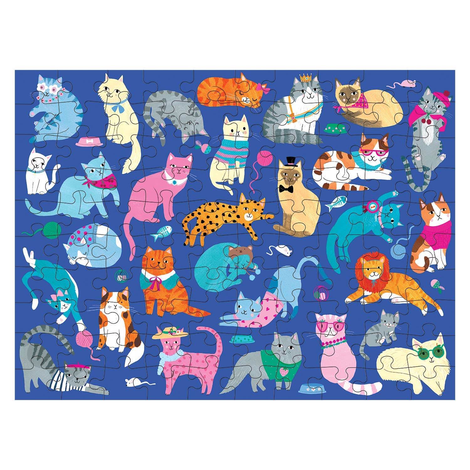 Colorful illustration of various cats on a blue background