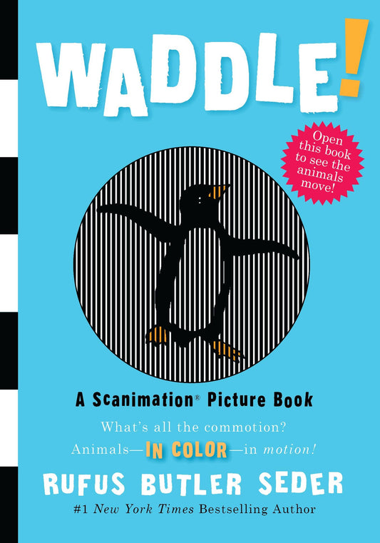 Book cover of 'Waddle!' with a stylized penguin illustration on a blue background