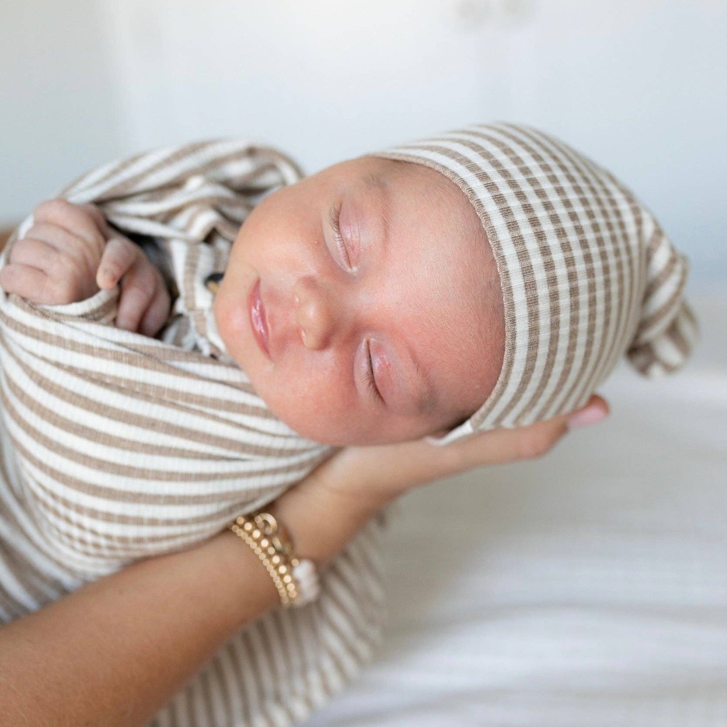 Stripe Ribbed Top Knot Hat