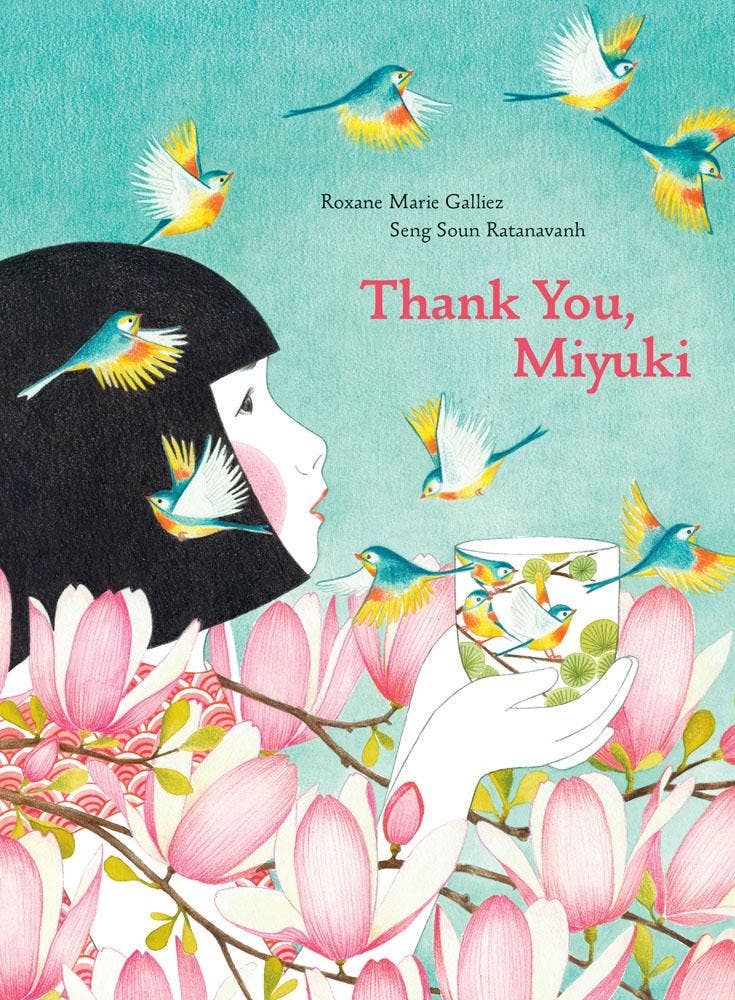 Book cover with a woman, birds, and cherry blossoms, featuring the title 'Thank You, Miyuki'.