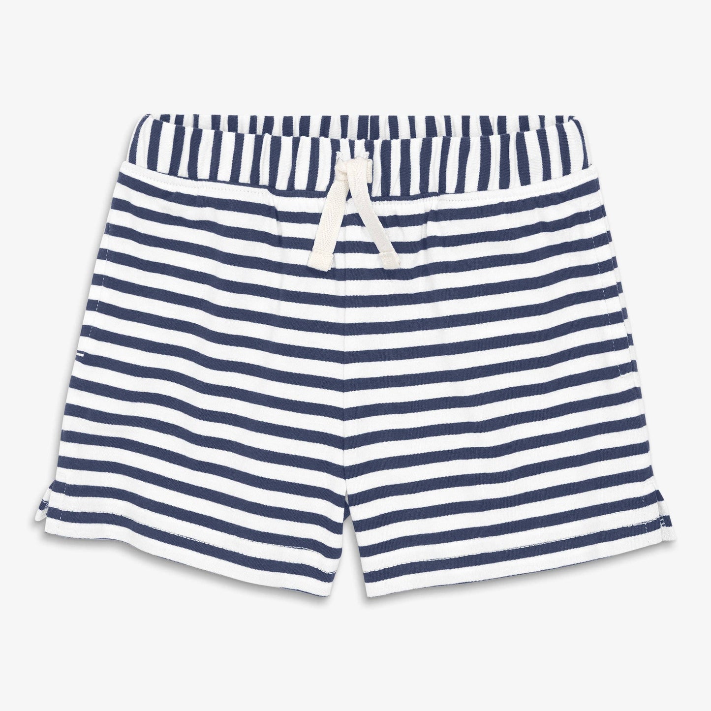 Navy and white striped shorts on a light gray background