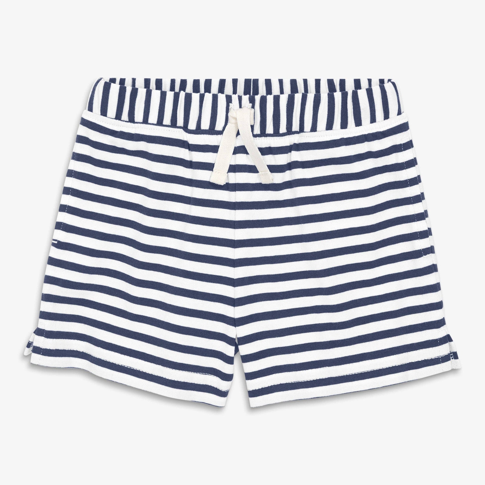 Navy and white striped shorts on a light gray background