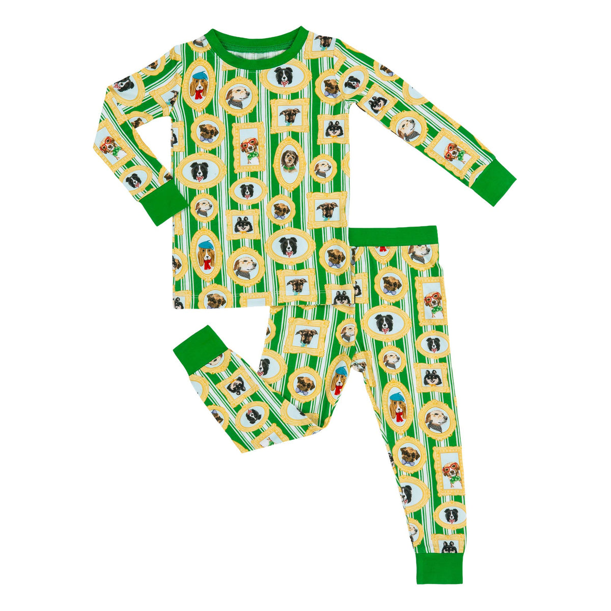 A two-piece children's pajama set featuring a long-sleeve top and matching pants with a green and yellow vertical stripe pattern, decorated with cartoon dog portraits in oval frames, on a solid white background.