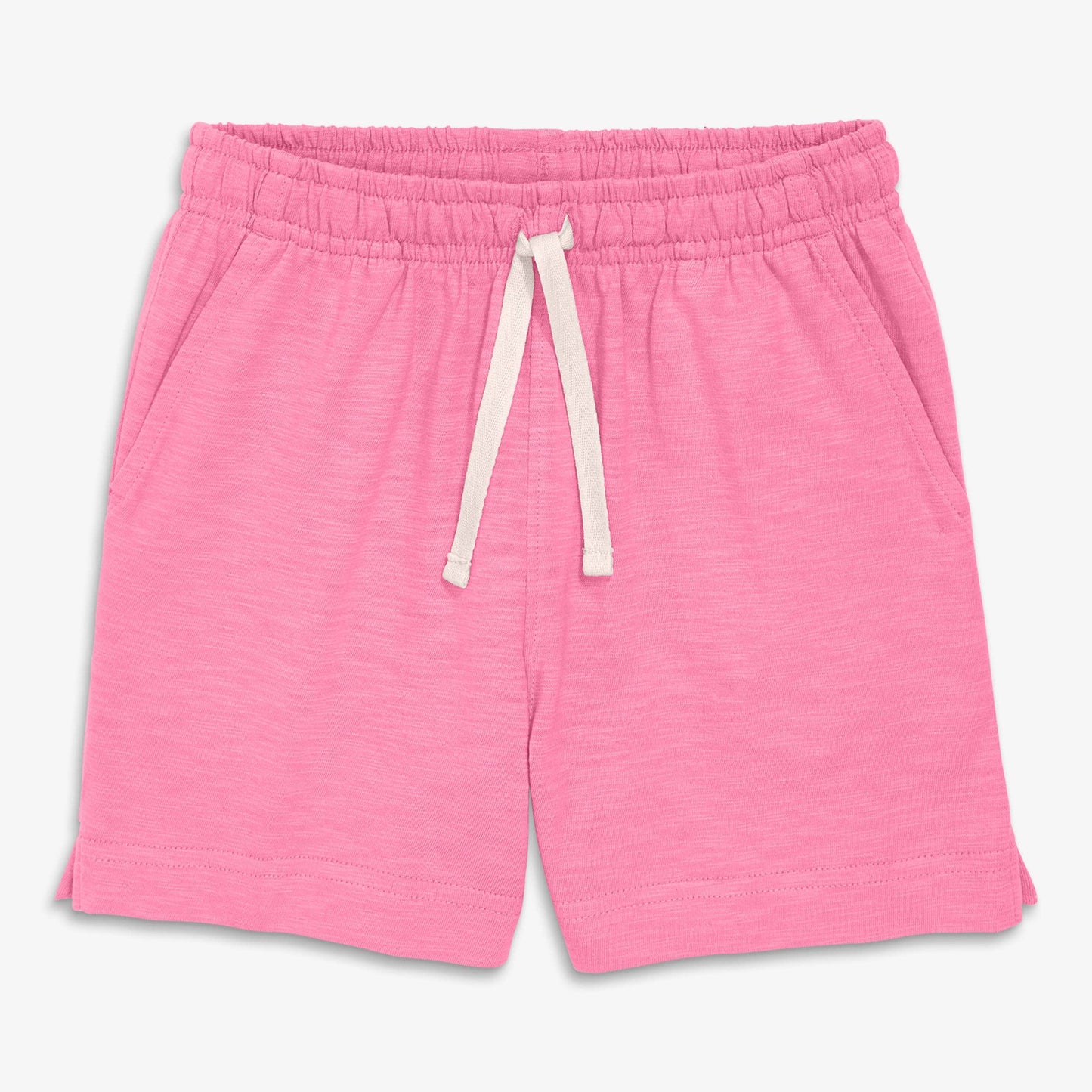 Pink shorts with a drawstring on a white background
