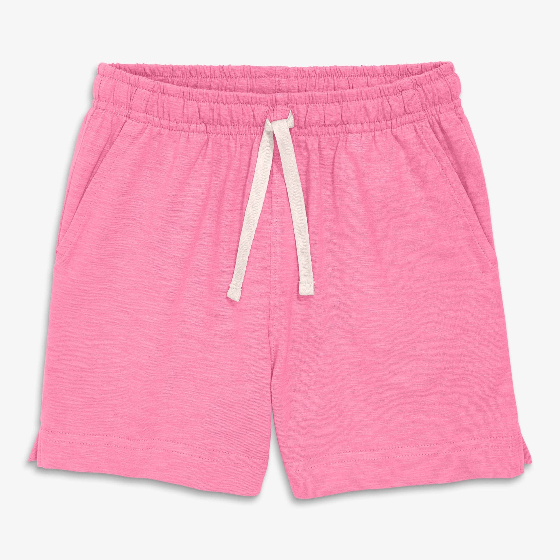 Pink shorts with a drawstring on a white background
