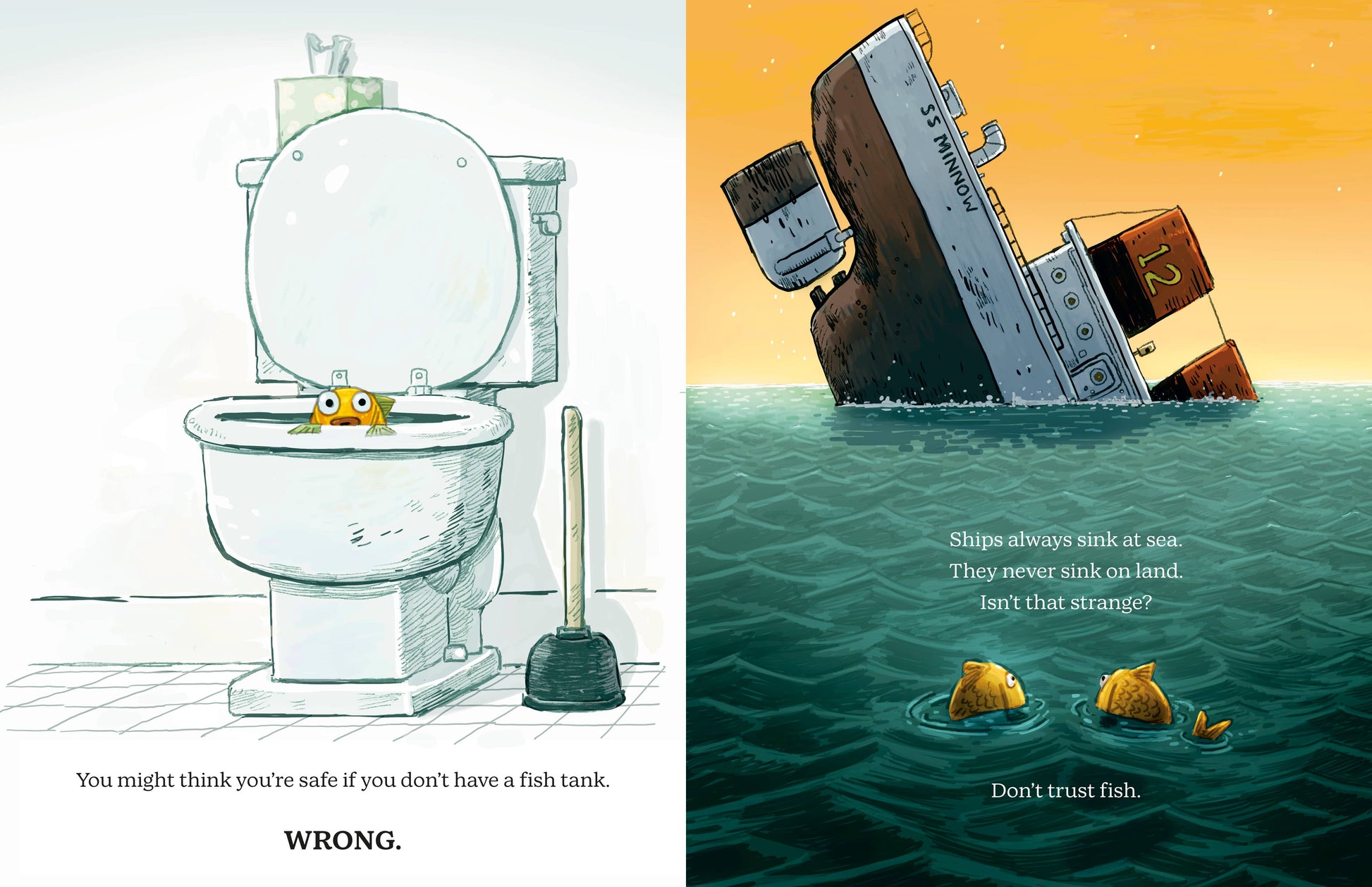 Cartoon illustration of a fish tank with a fish inside a toilet and another fish in water with text.