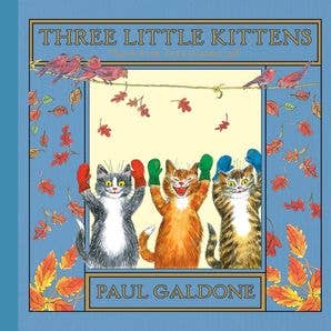 Book cover of 'Three Little Kittens' by Paul Galdone with three cartoon cats and autumn leaves.