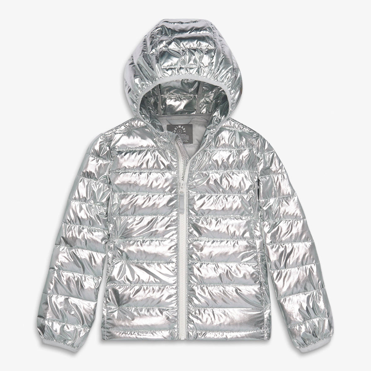 Silver puffer jacket with a hood on a white background