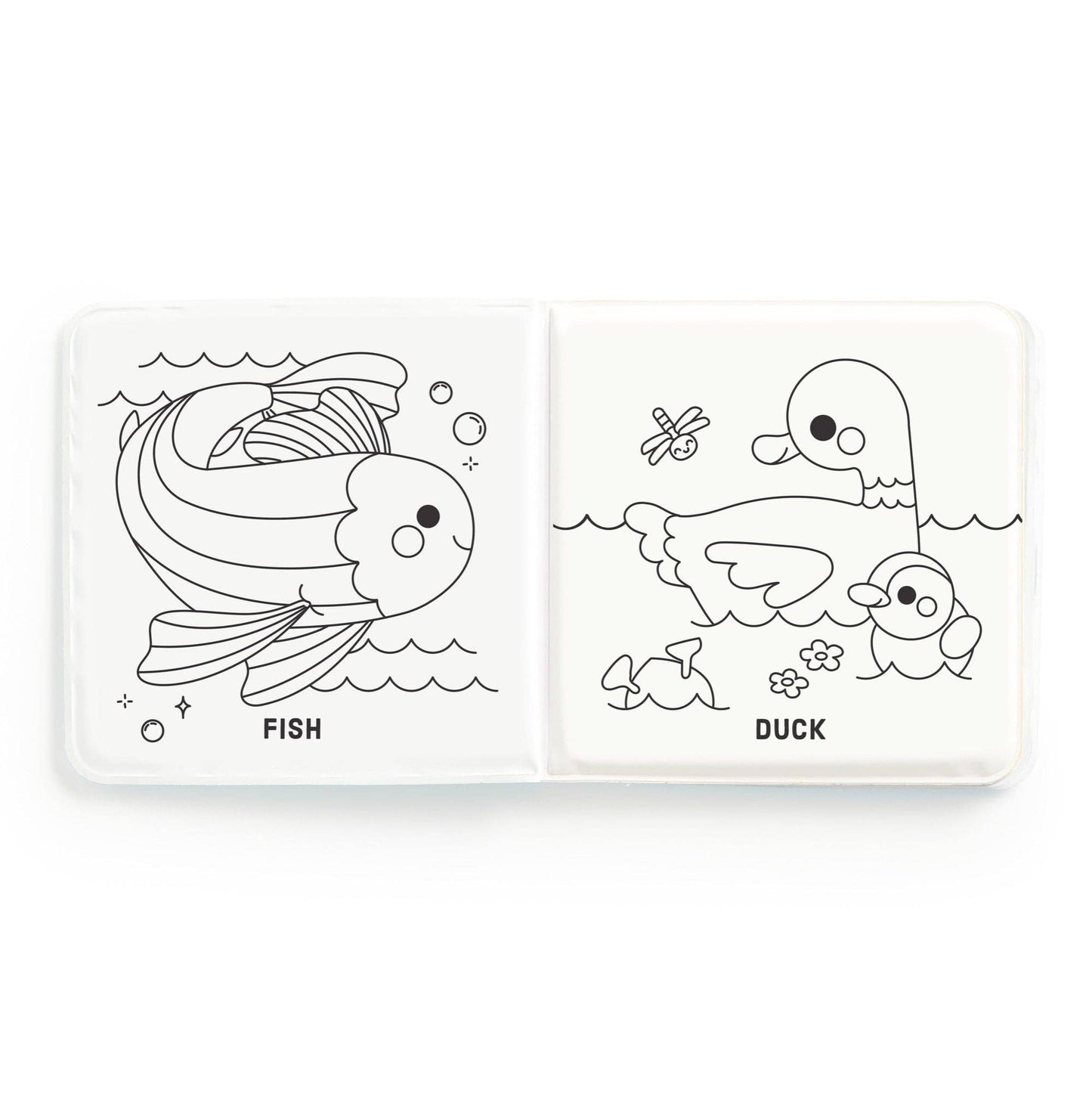 Coloring book open to pages with a fish and a duck illustration on a white background