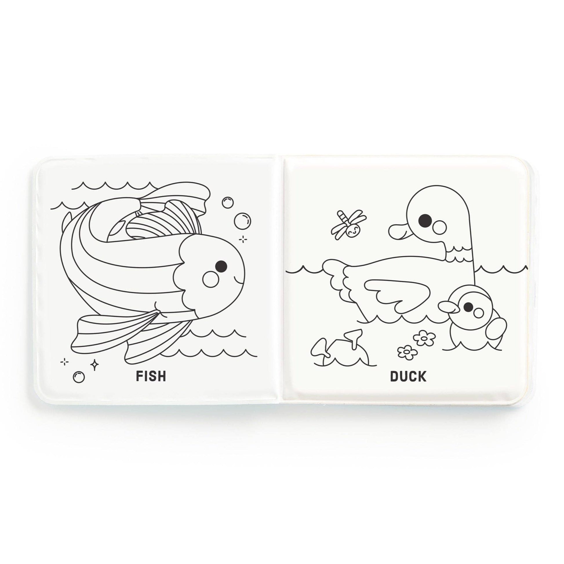 Coloring book open to pages with a fish and a duck illustration on a white background