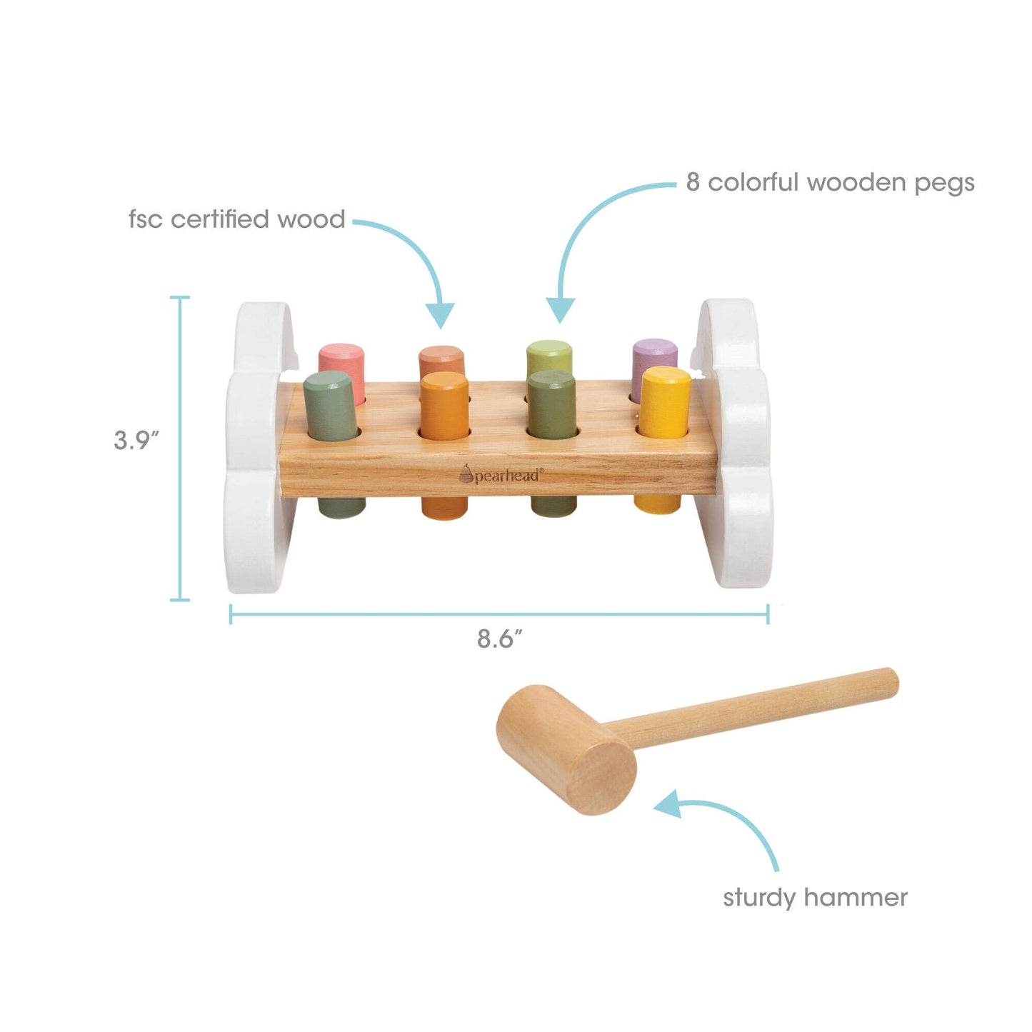 A wooden hammer bench toy with colorful pegs and a wooden mallet, designed for young children.
