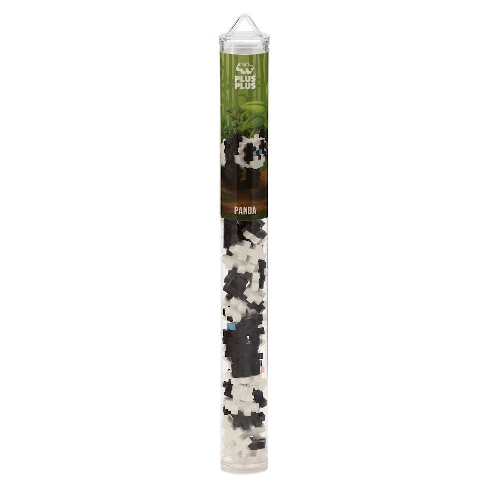 Tall cylindrical tube filled with black and white puzzle pieces, branded 'Plus-Plus', on a white background.