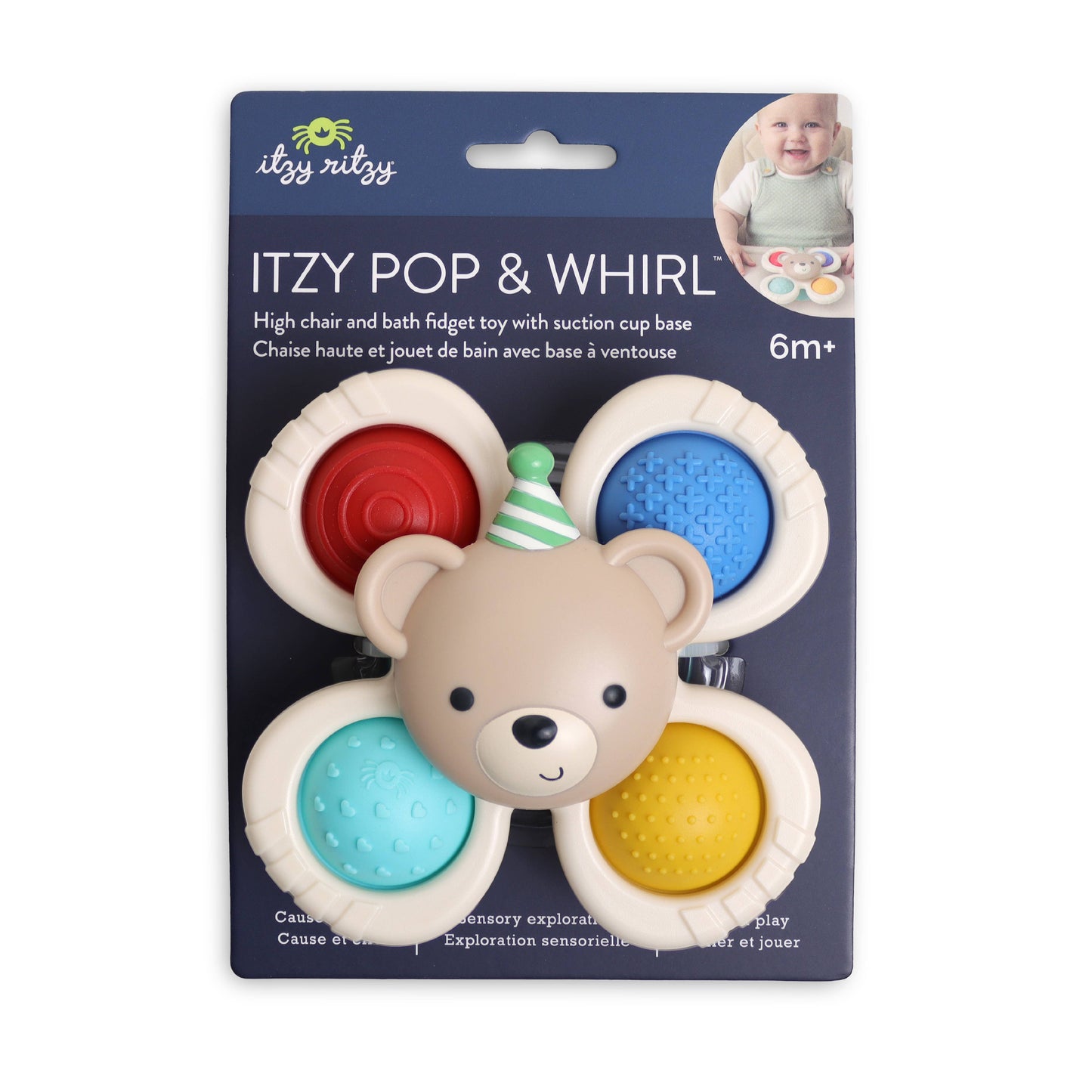 Itzy Ritsy Itzy Pop & Whirl high chair and bath fidget toy with suction cup base, featuring a bear-shaped center with four flower-like petals in red, blue, light blue, and yellow, packaged on a dark blue card.