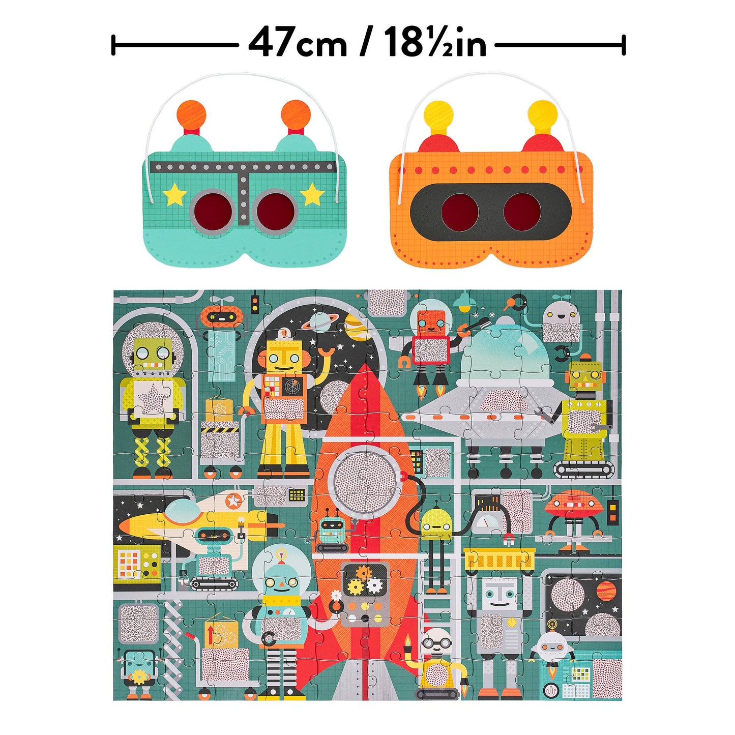 Two colorful robot-shaped bags with a puzzle featuring robot-themed design on a white background.