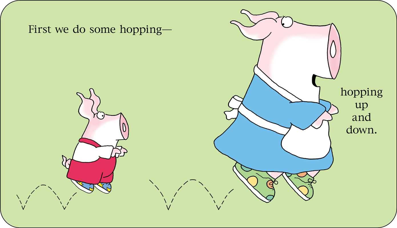 Cartoon pigs hopping on a green background with text.