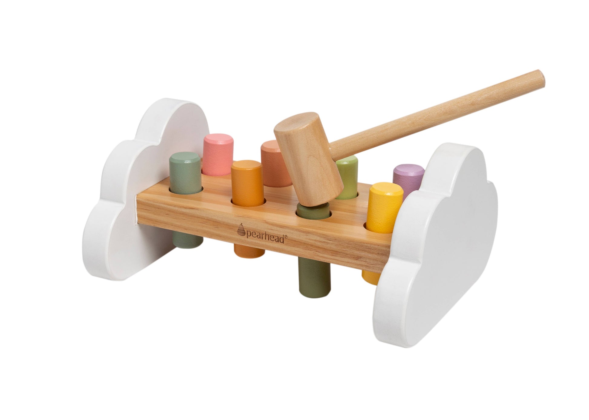 A wooden hammer bench toy with colorful pegs and a wooden mallet, designed for young children.