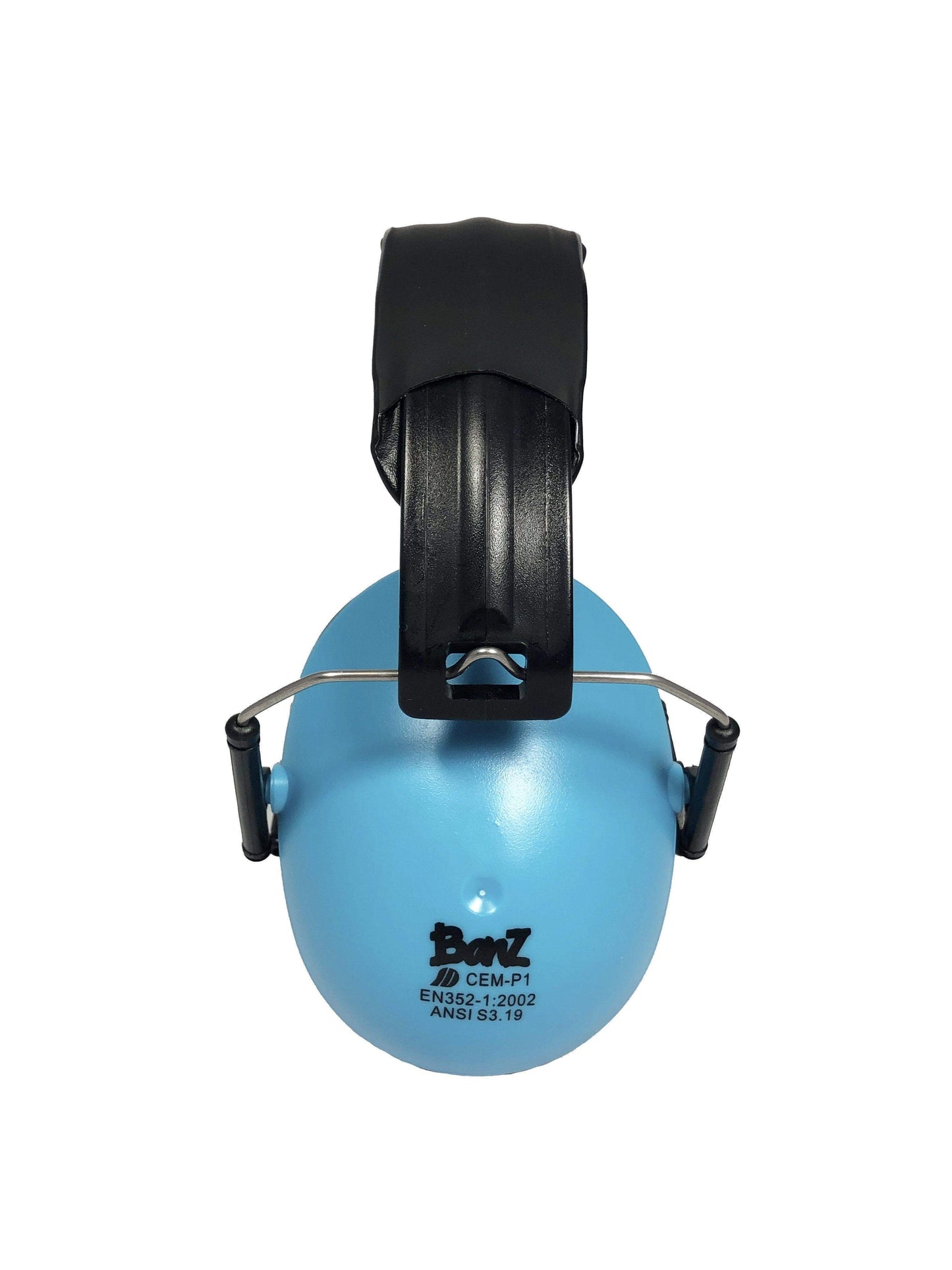 Blue ear protection with black headband on a white background