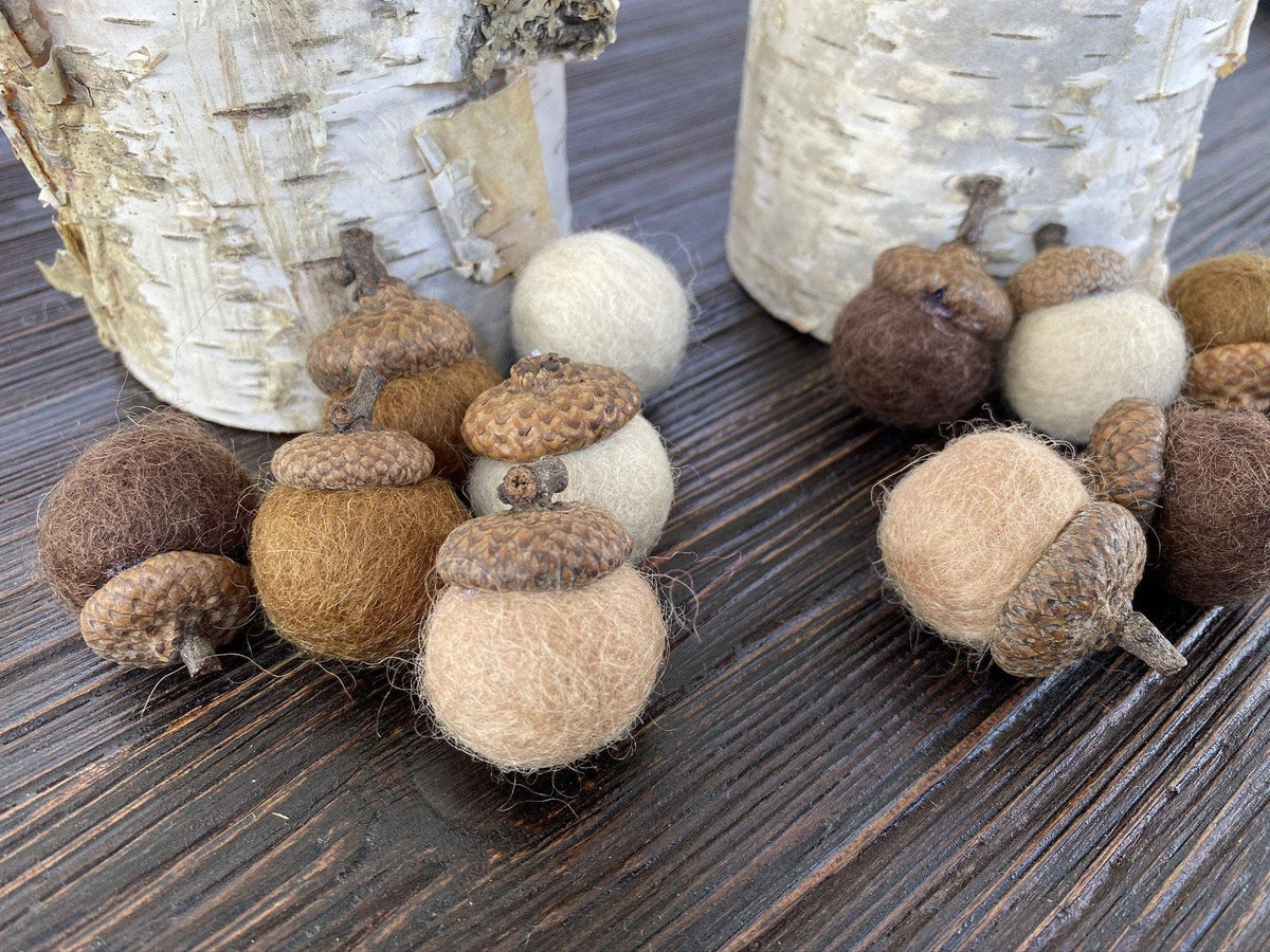Felted acorn ornaments in natural brown, tan, and cream wool textures arranged on a dark wood surface with birch tree trunks in the background.