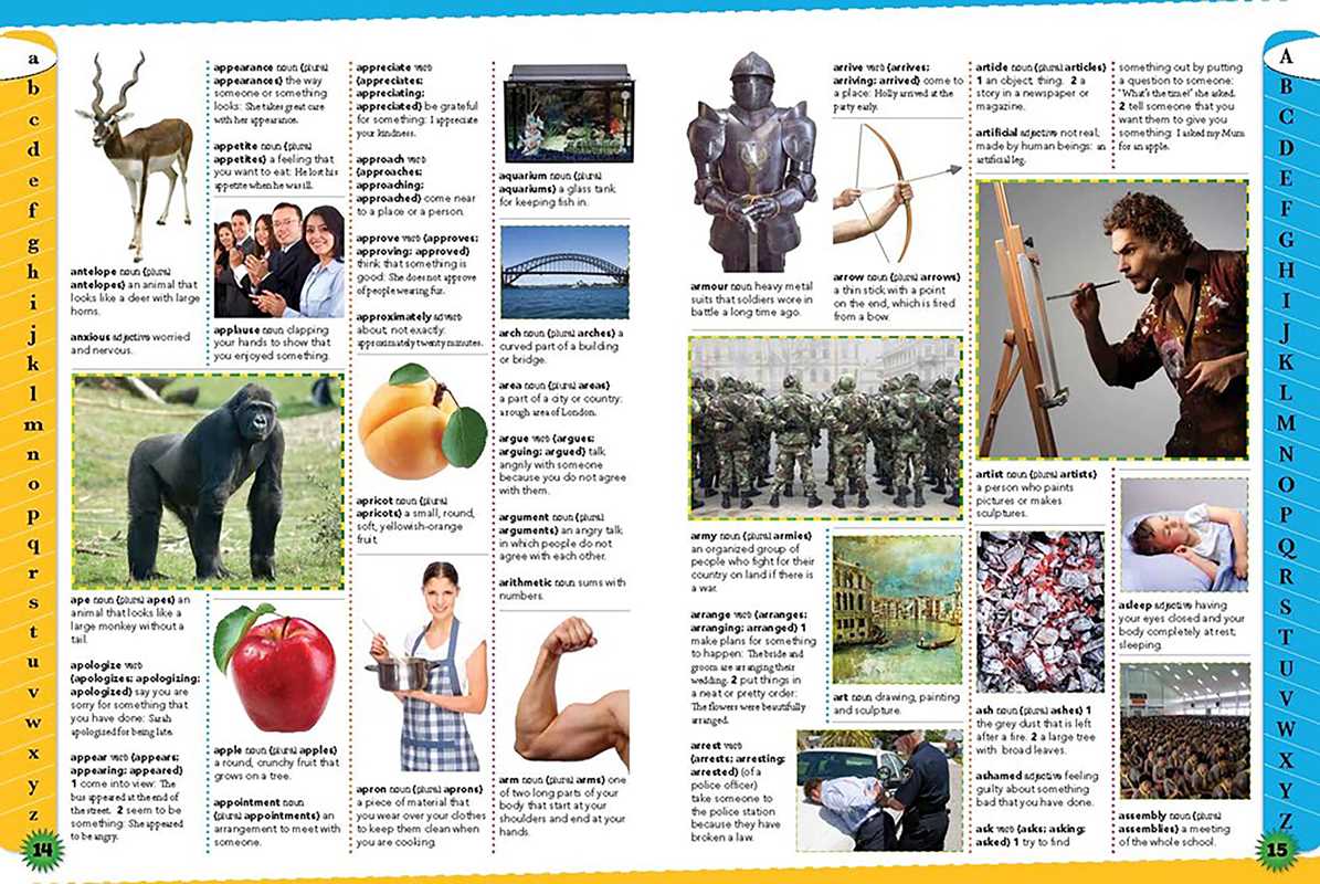 A printed alphabet learning chart with educational content, featuring the alphabet down the left side, alphabet letters up the right side, and multiple small images and text panels arranged in a grid. The chart includes illustrations and photos of animals, a knight, a bow, a painting, a gorilla, fruit, a tomato, a person flexing a muscle, and other educational scenes.
