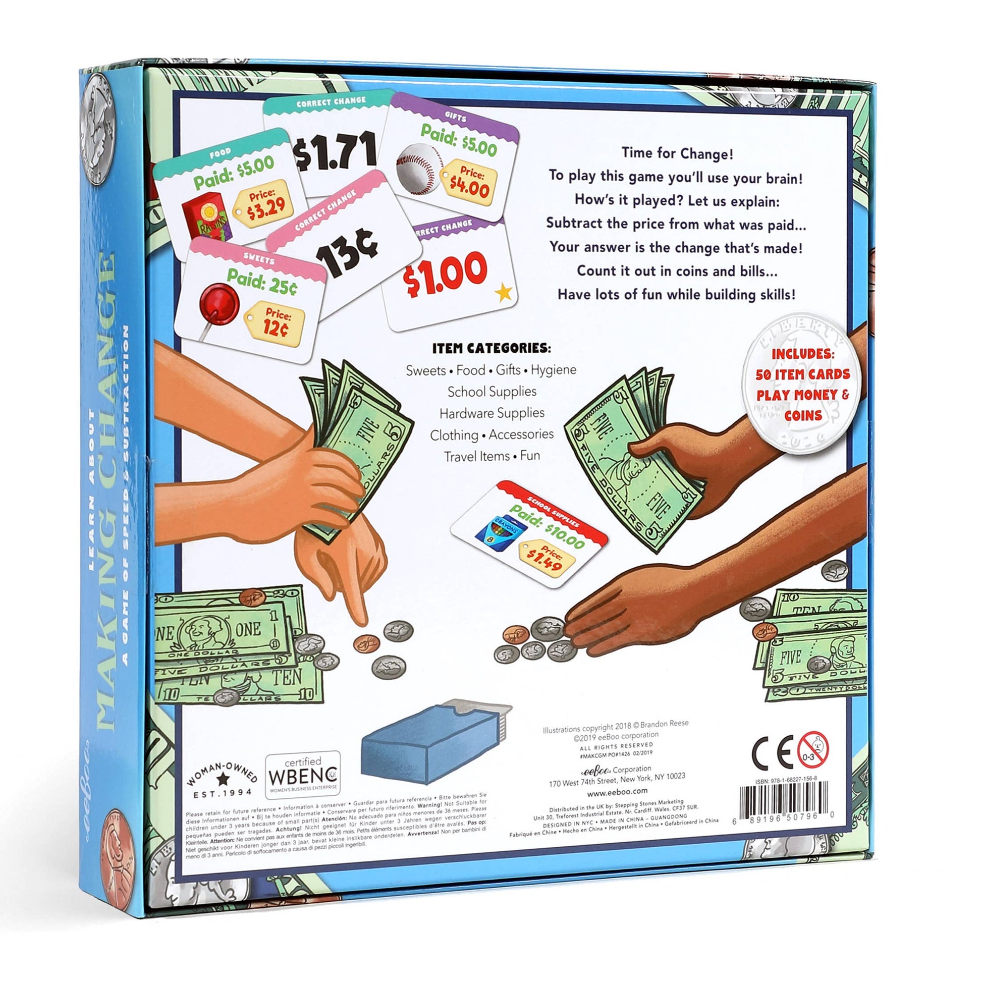 Board game packaging with money-themed illustrations and text