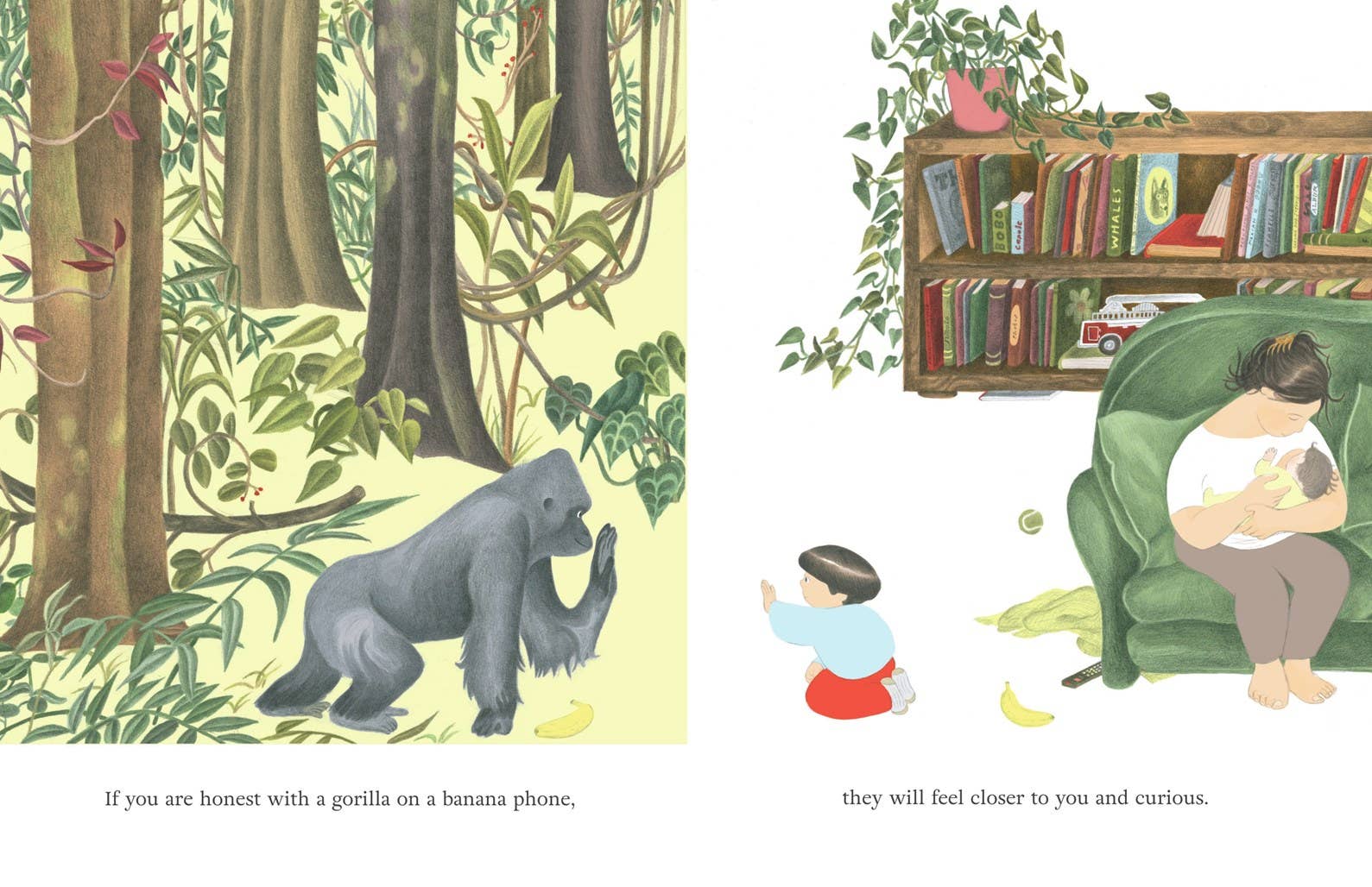 Illustration of a gorilla in a jungle and a child in a room with books, showing a contrast between nature and indoor life.