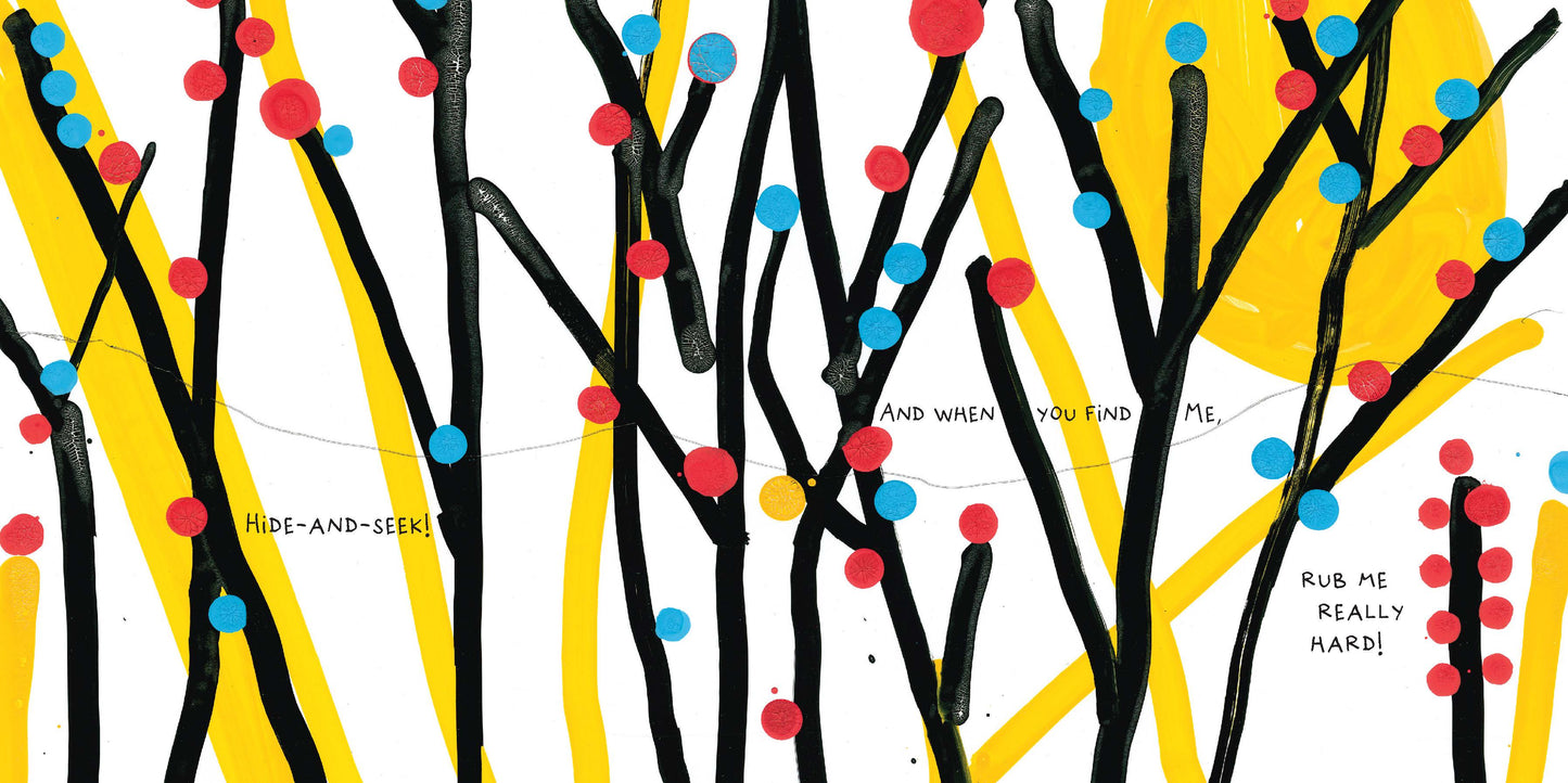 Colorful abstract art with black branches and colorful dots on a white background
