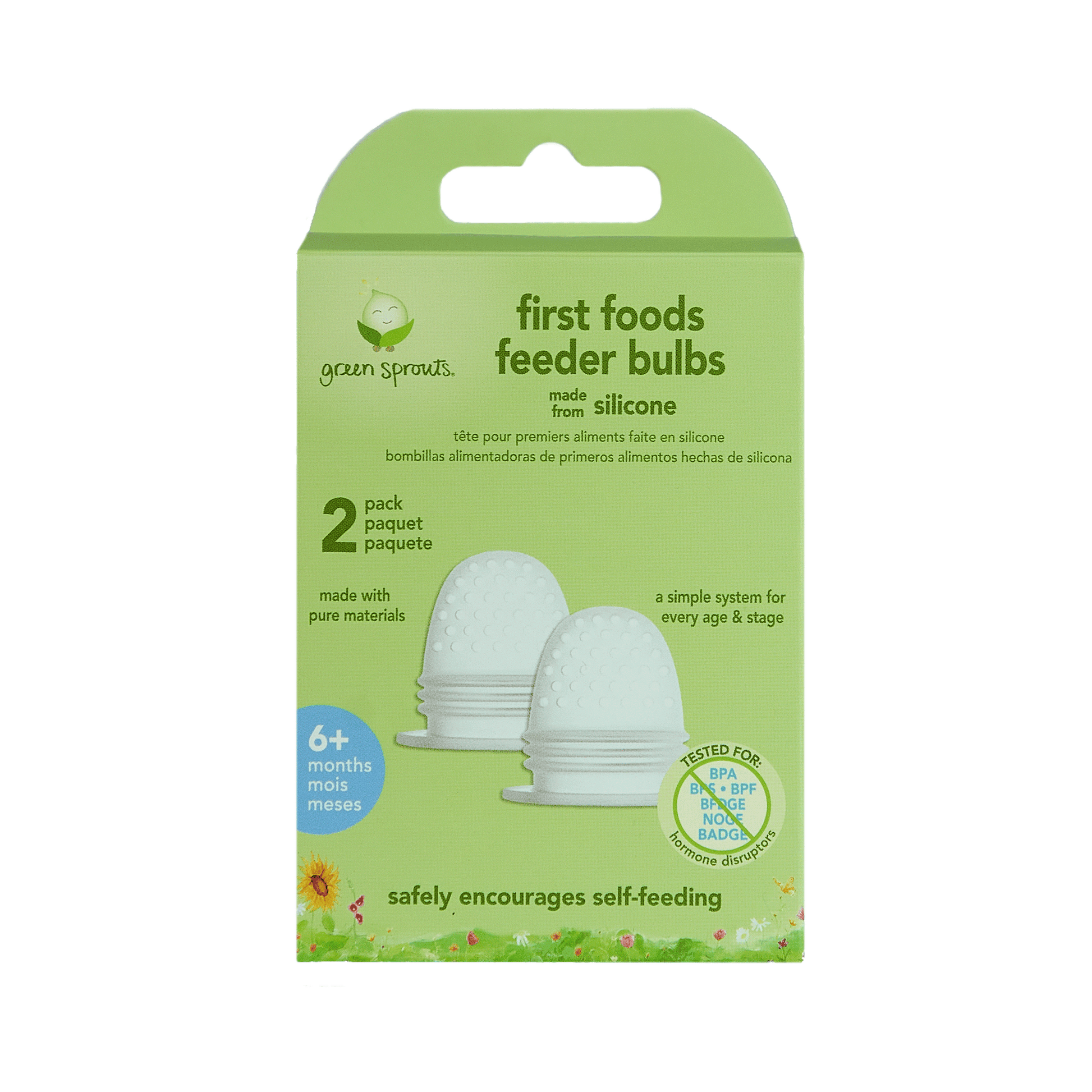 Green Sprouts first foods feeder bulbs in a light green cardboard packaging box, showing two white silicone feeder bulbs and text indicating a 2-pack for baby.