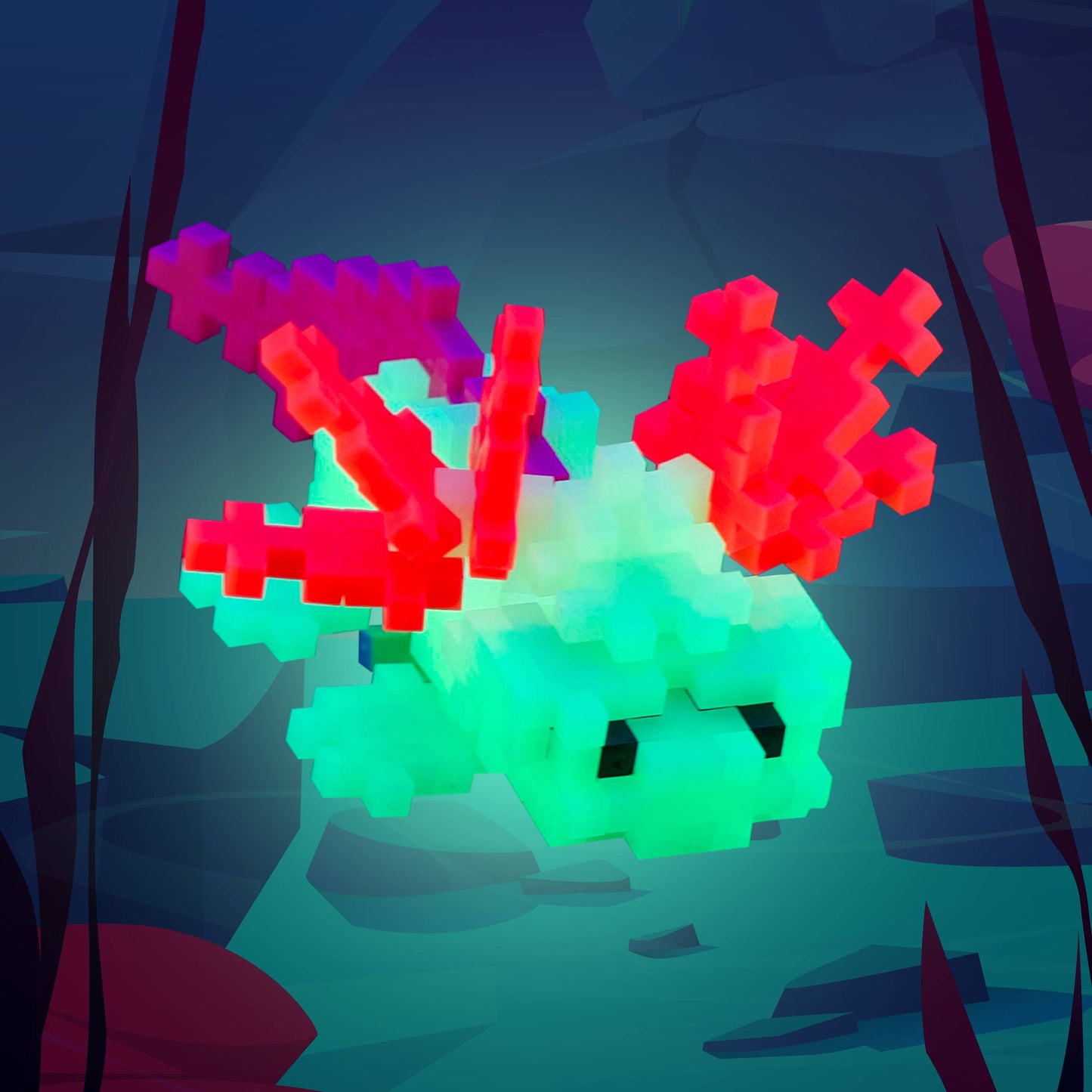 Glow in the dark multicolored Axolotl puzzle in a dark underwater setting