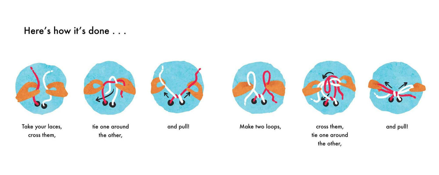 Step-by-step illustration of tying shoelaces with colorful circles and arrows.