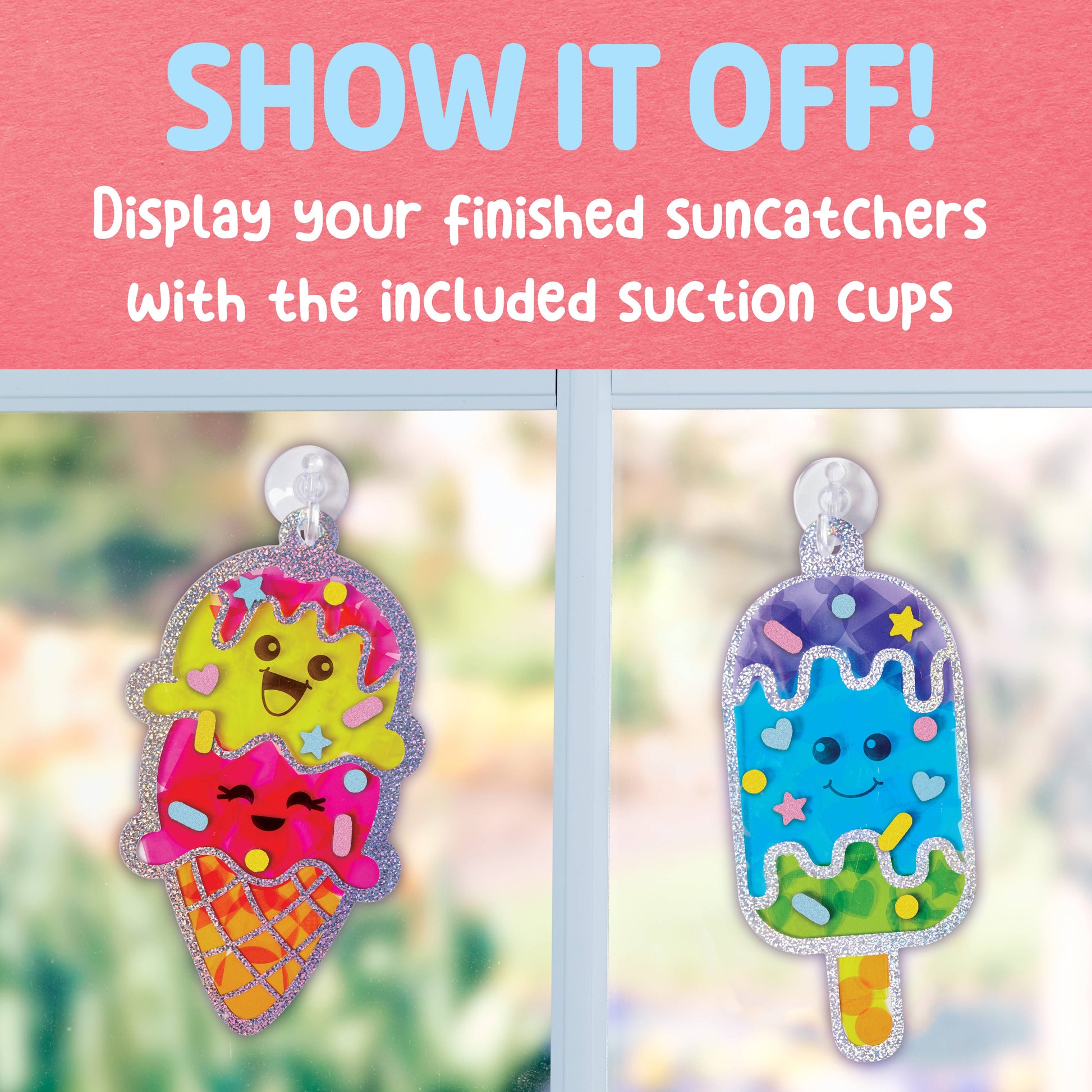 Two colorful suncatchers on a window with text encouraging display.