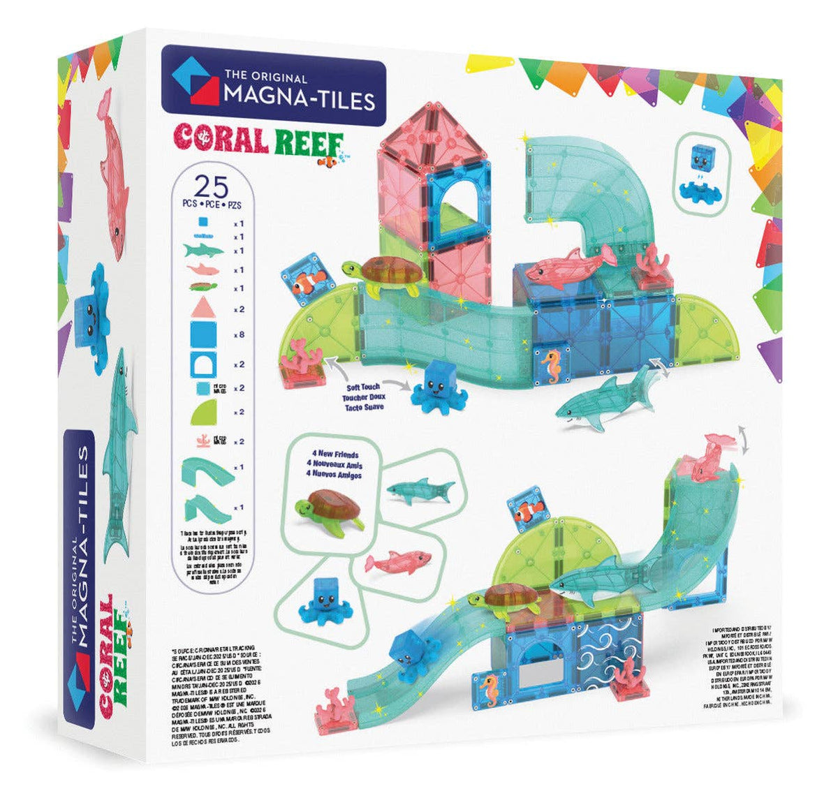 The Original Magna-Tiles Coral Reef toy set in its retail packaging, featuring a white box with colorful illustrations of the built coral reef structures and included pieces.
