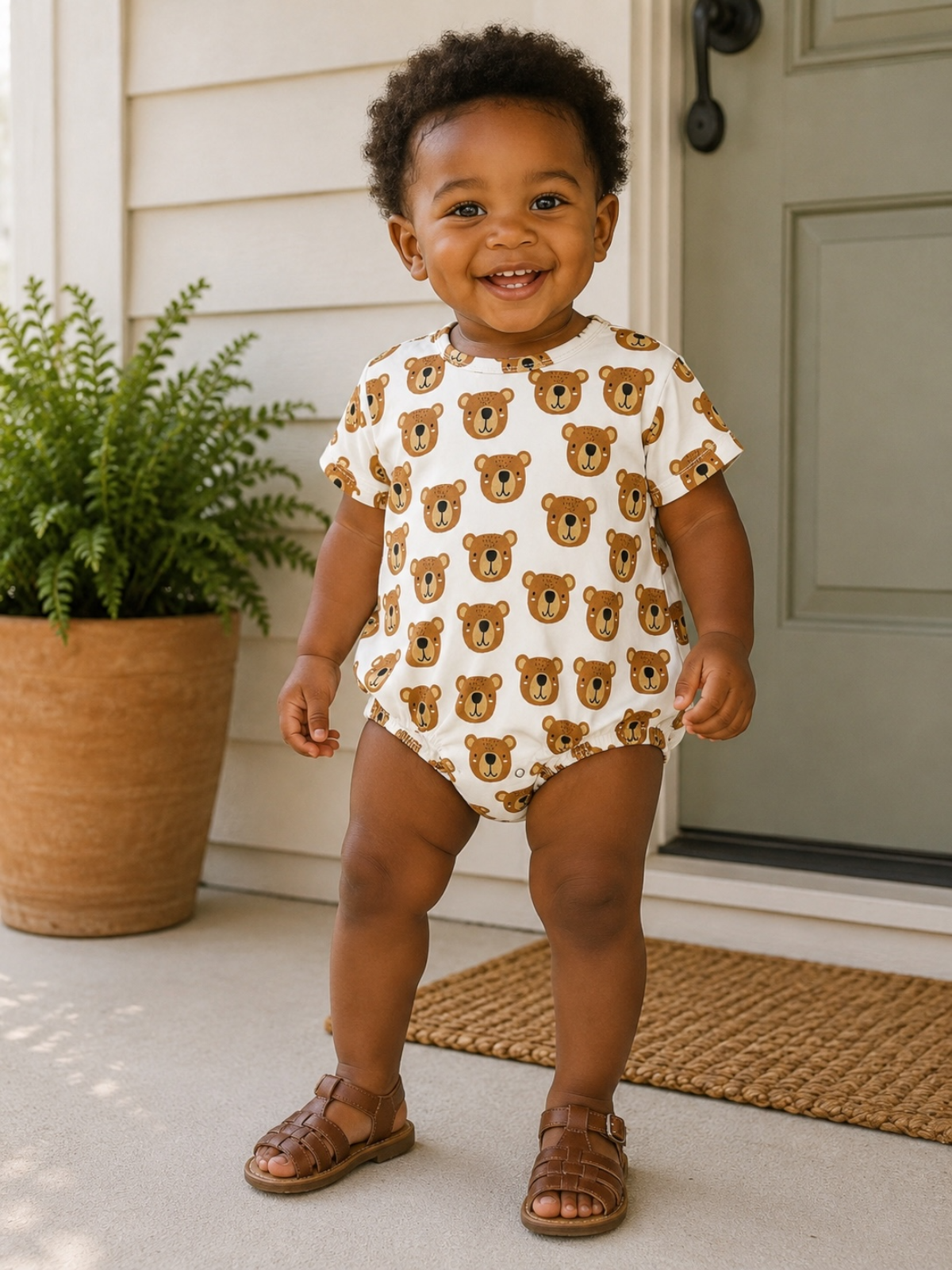 Child wearing a white onesie with brown bear patterns on a porch.
