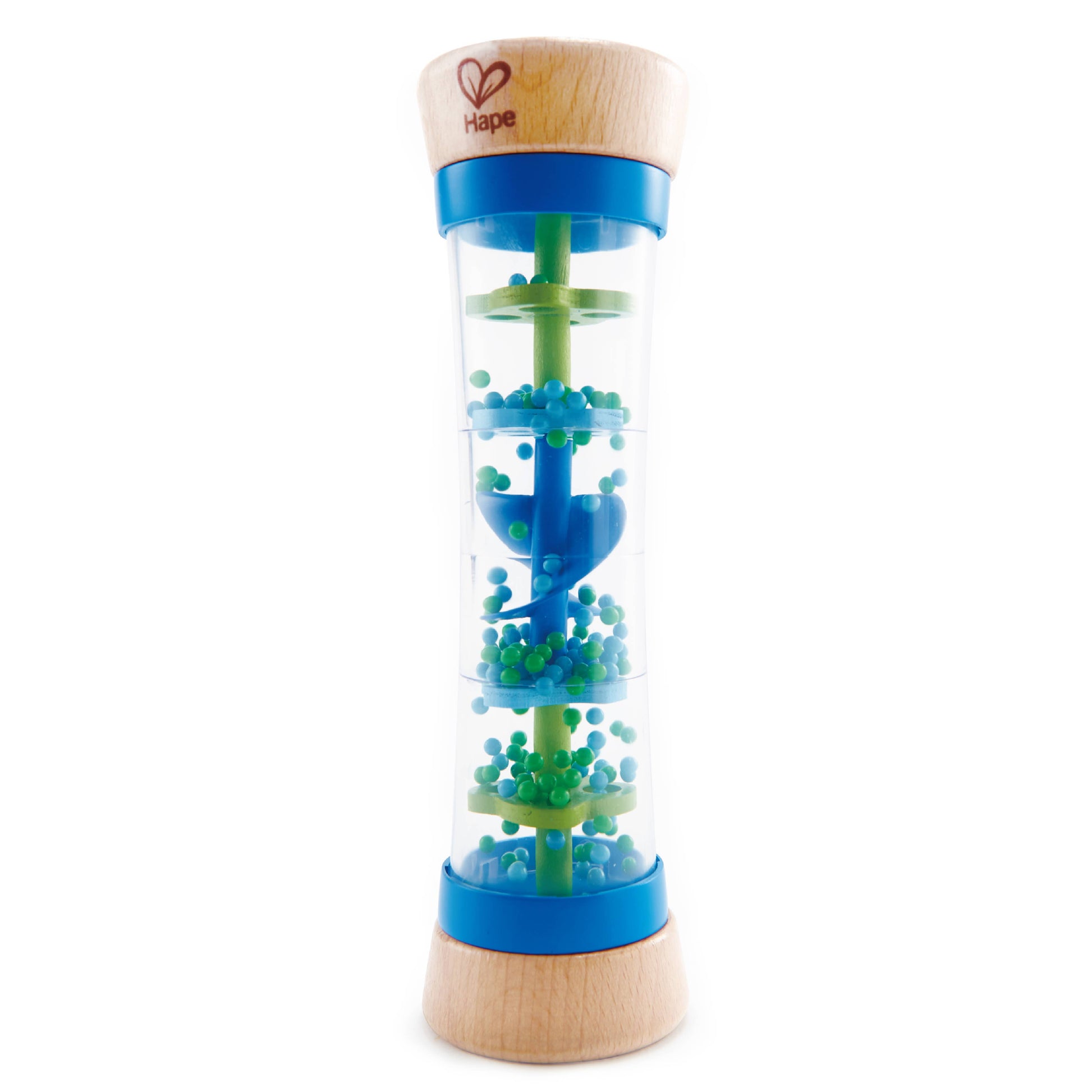 Children's toy with blue and green spiral design on a white background
