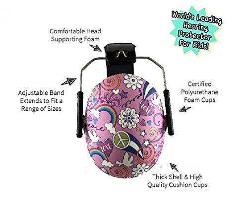 Pink children's ear protection with floral and peace symbol design, labeled features on a white background.