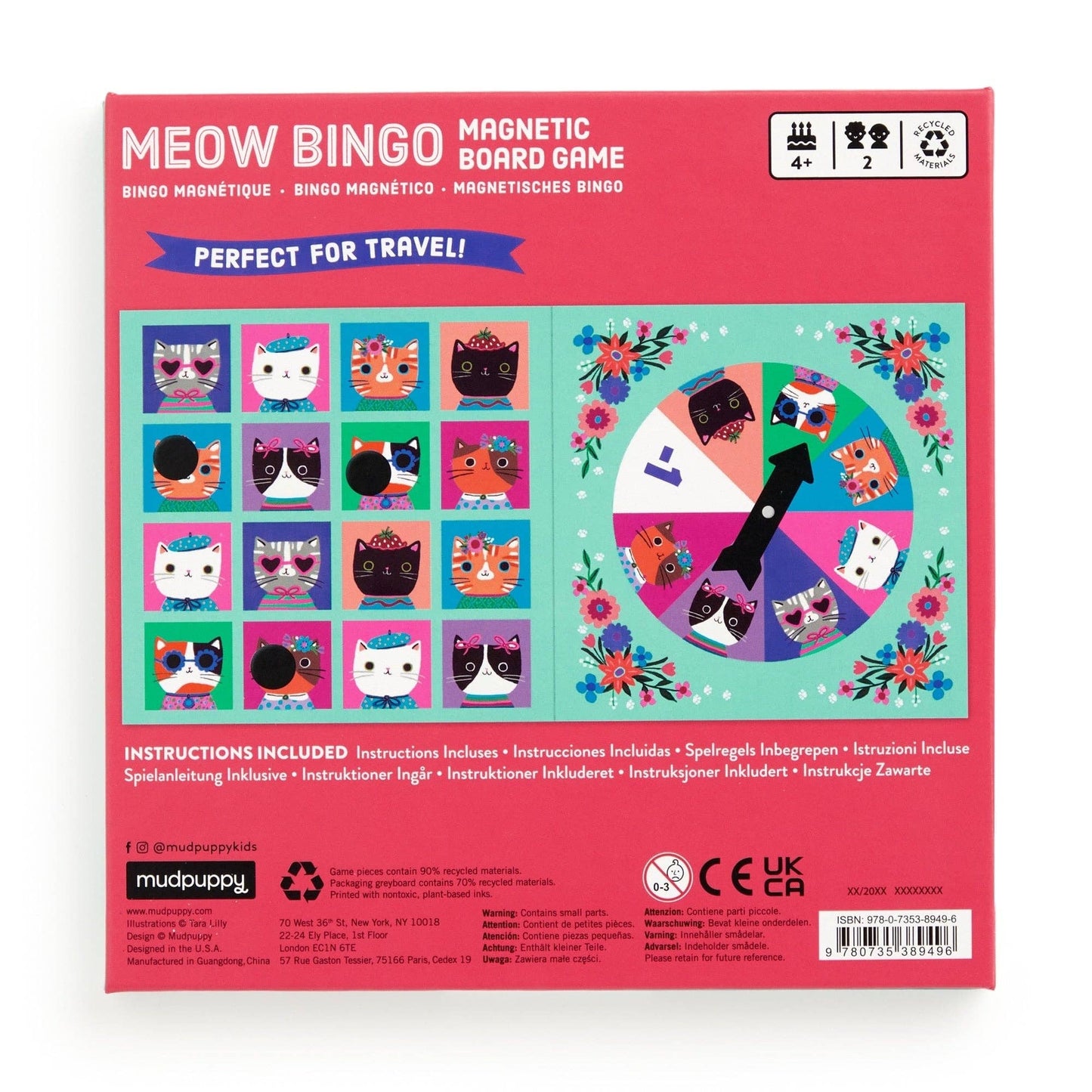 Meow Bingo magnetic board game packaging with cat illustrations on a pink background