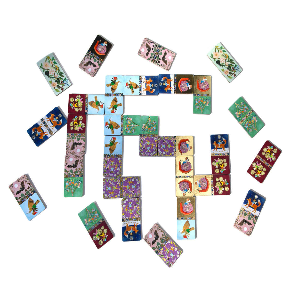 Colorful children's tiles arranged in a circular pattern on a white background