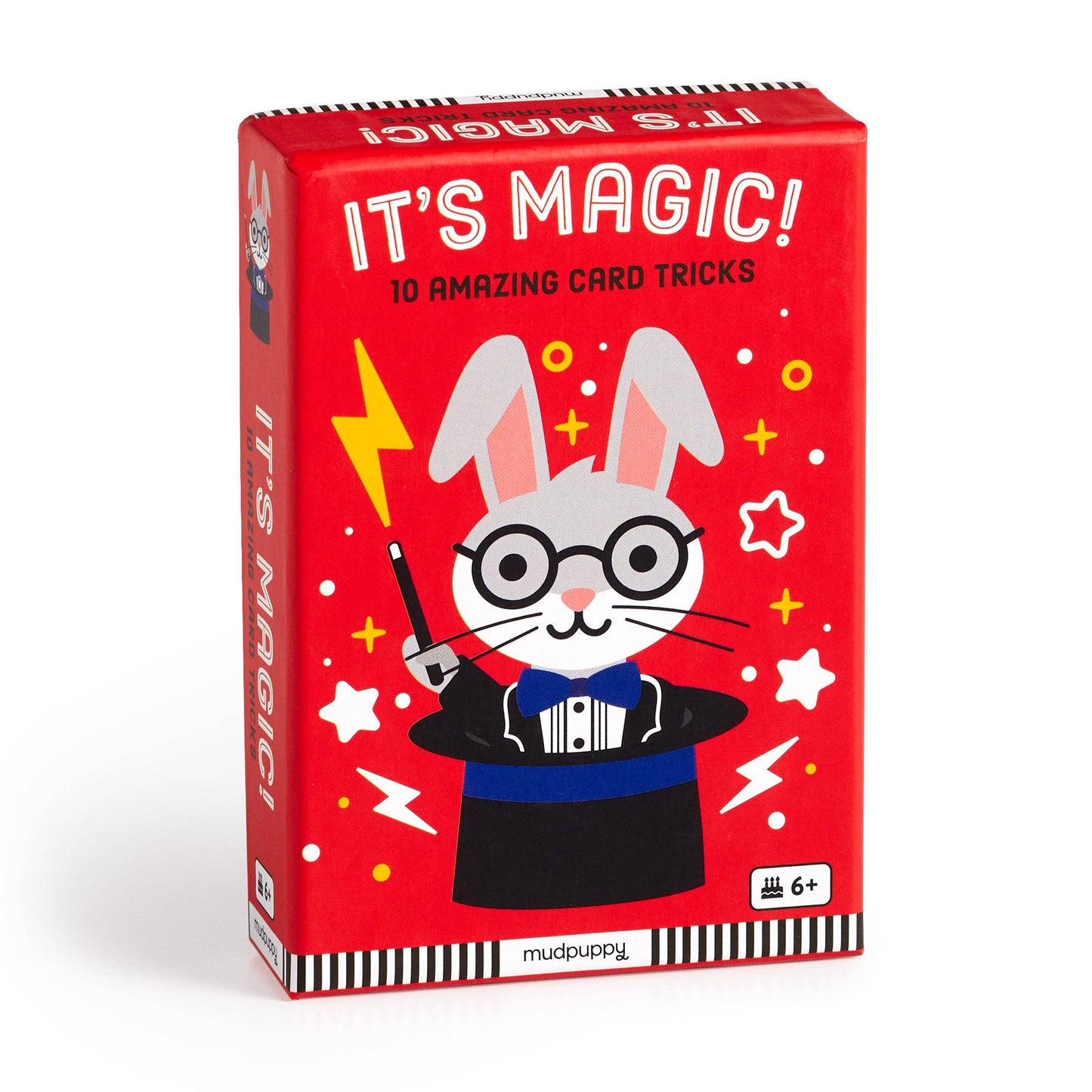 Red card game box with a rabbit character holding a wand, labeled 'It's Magic! 10 Amazing Card Tricks' by Mudpuppy.