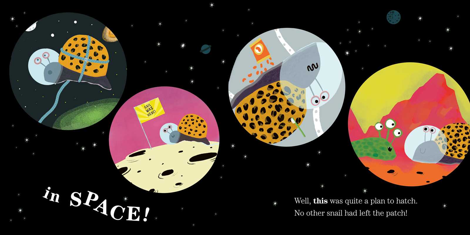 Illustrations of animals on planets with a humorous text about a plan to hatch.